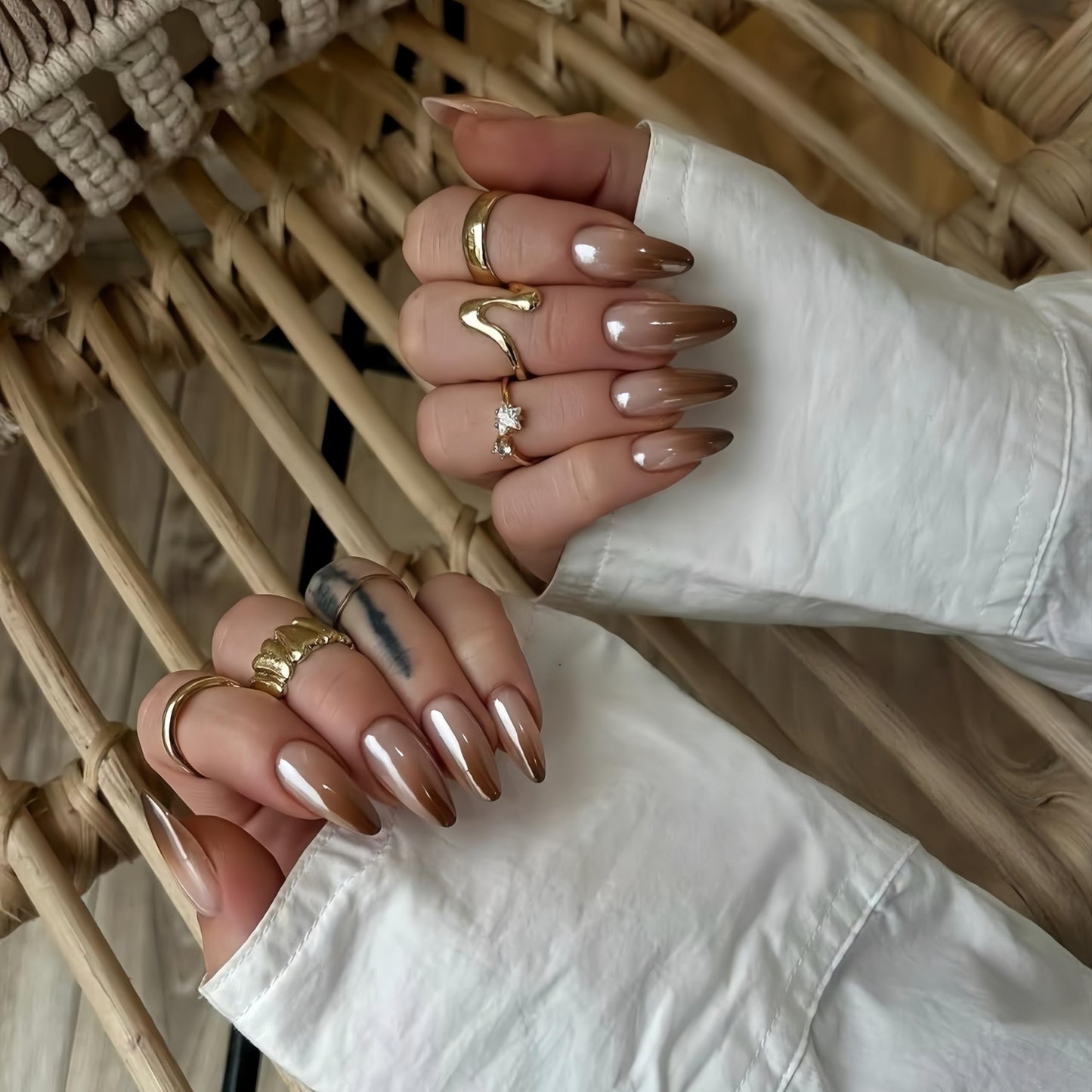 Ombre Brown Press On Nails Almond - KQueenest Chrome French Press On Nails Medium, Glazed Soft Gel Fake Nails Press ons, Glitter Glue on Nails Medium Stiletto, Stick On Nails for Women, 24 Pcs