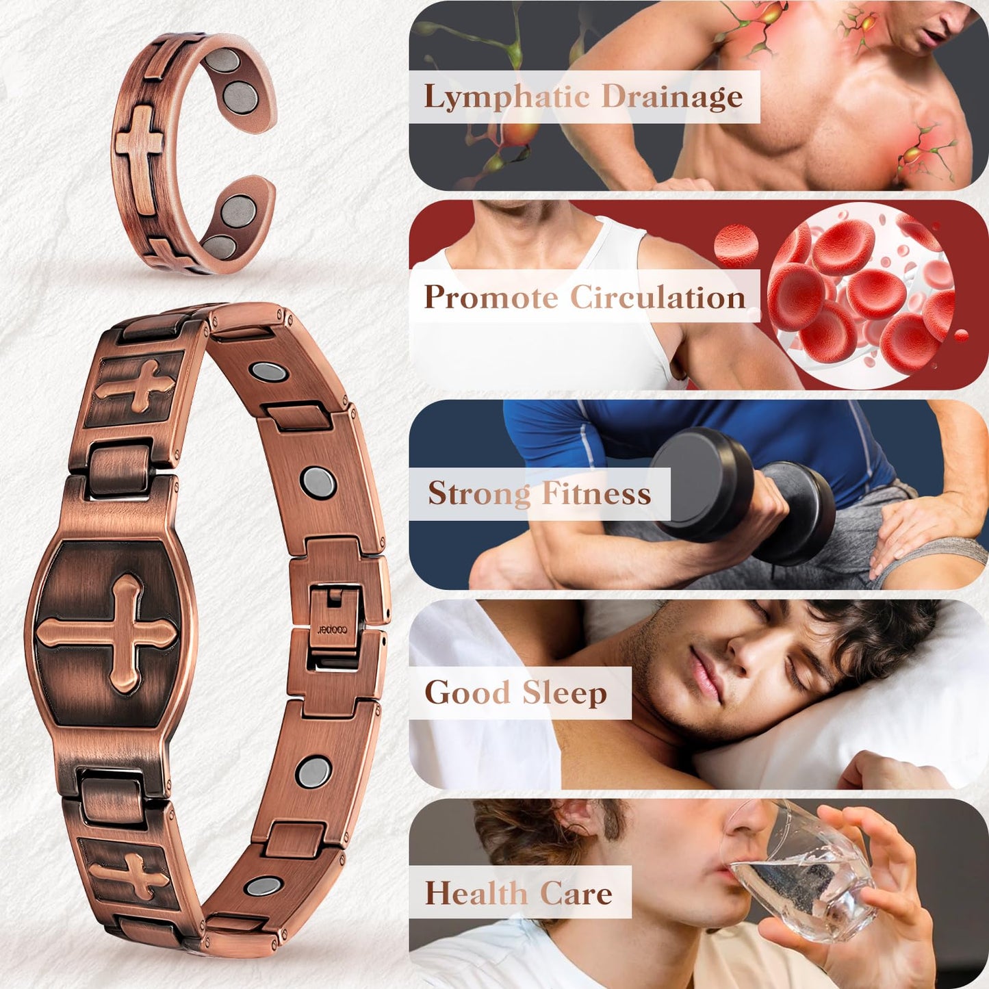 Mahnco Copper Bracelet for Men Ultra Strength Magnets Cross Bracelets for Men Pure Copper Magnetic Bracelet & Ring, Jewelry Gift with Sizing Tool