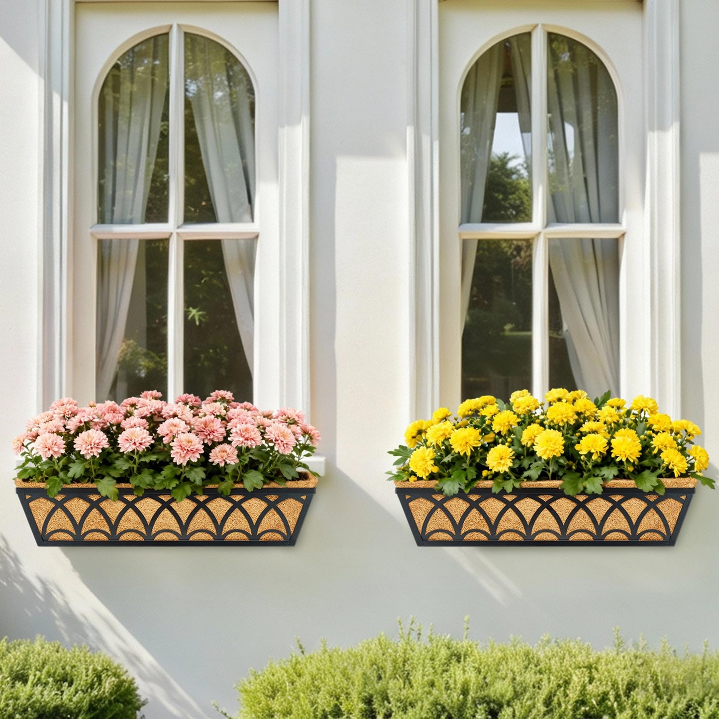 24 Inch Railing Planter Box Window Boxes Planters - 2 Pack Deck Railing Planter Boxes with Adjustable Brackets Coco Liners Balcony Planters Railing Hanging for Window Flower Boxes Outdoor Garden Decor