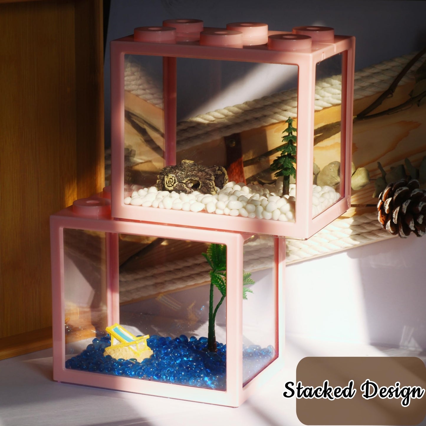 2 Pack Sea Monkey Fish Tank, Mini Betta Fish Tank Stackable Aquarium Tank Kit with Aquarium Gravel & Micro Landscape, 0.6 Gallon Acrylic Fish Bowl Tiny Shrimp Tank for Baby Fish Crab Moss Ball
