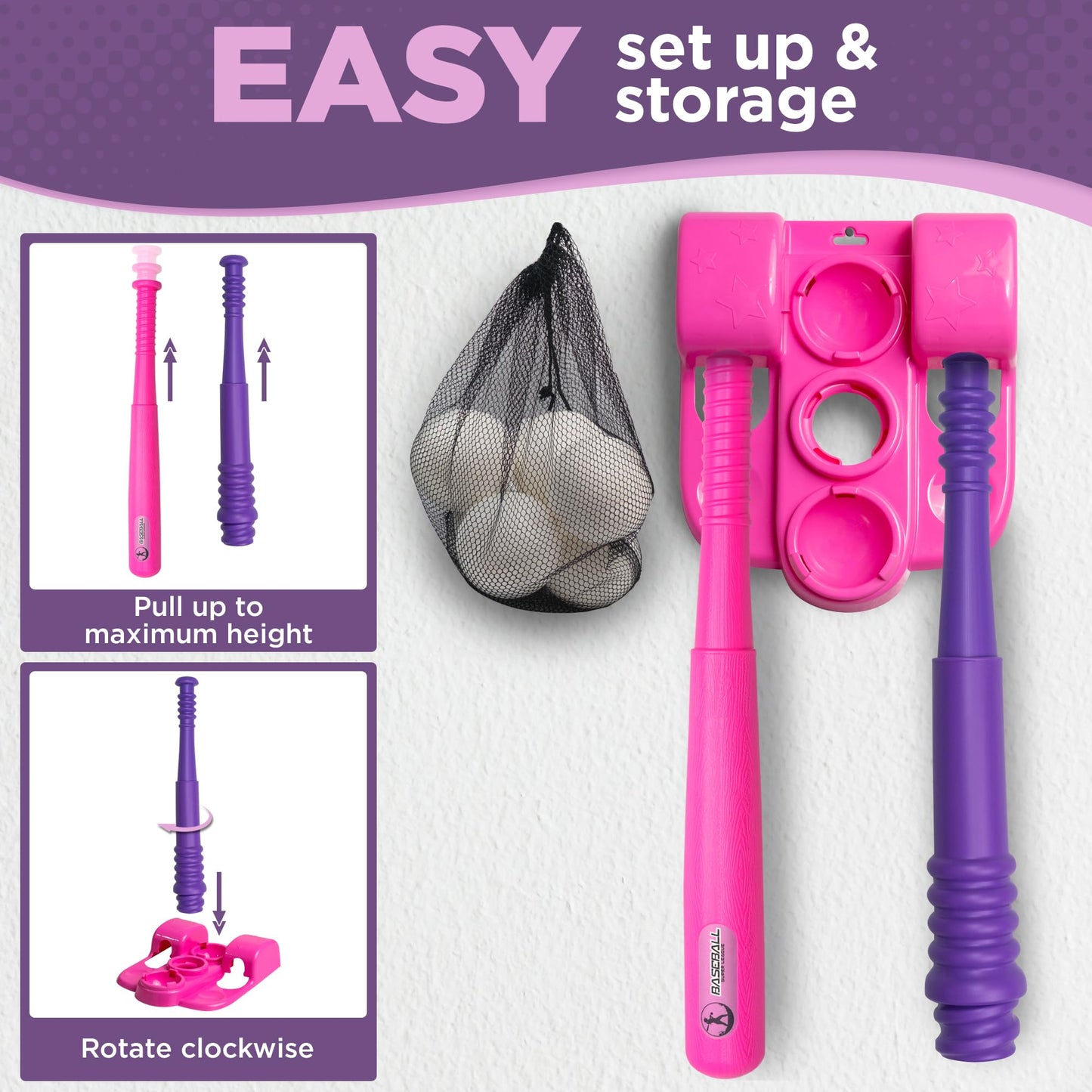 T Ball Stand for Kids and Toddlers 1-3, 3-5, 5-8. Baseball Set Includes 6 Large Balls, an Adjustable Tball Batting Tee, and a Pitching Machine. Kids Bat and T-Ball Set