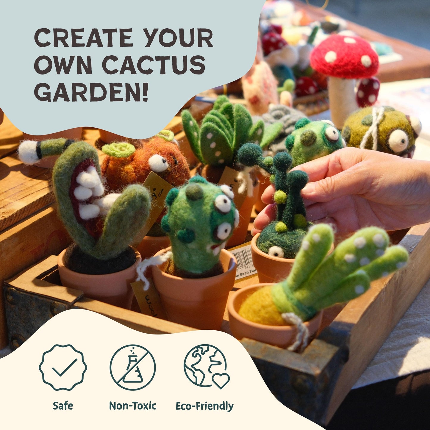 Woolbuddy Needle Felting Kit – Cactus & Succulent Felting Kit for Adults & Beginners, Beginner Needle Felting Kit with Wool Roving, Felting Needles, Foam Pad & Clay Pots | Cute DIY Craft Kit Gift