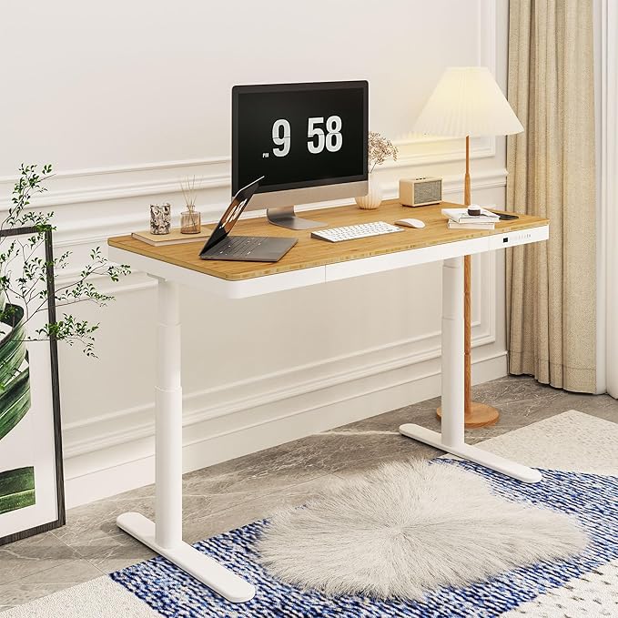 SANODESK Standing Desk with Drawer,Dual Motor 3 Stage Electric Height Adjustable Home Office Desk with Storage & Wireless Charging, 55 inch Bamboo Tabletop/White Frame