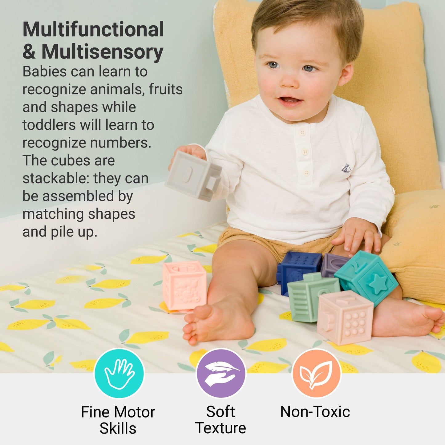 BabyToLove Discovery Cubes | Montessori Baby Blocks for Sensory & Motor Skill Development | Soft Stacking Blocks for Babies & Toddlers | Learning Toy | 12 Fun Shapes