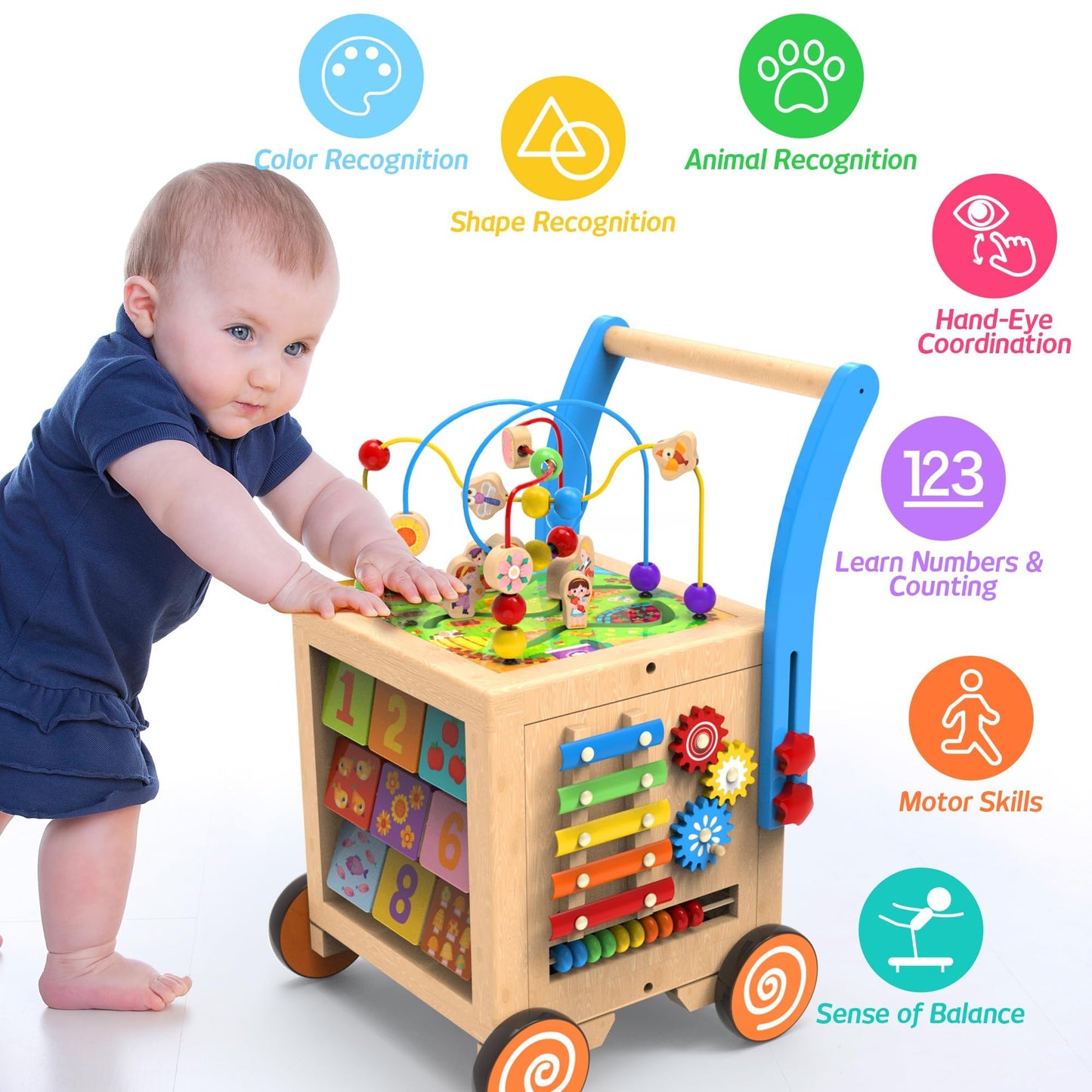 9-in-1 Wooden Activity Cube | Wooden Baby Walker, Sit-to-Stand Learning Walker Activity Center, Early Educational Push & Pull Toys for Baby Toddler Boys Girls, Height & Brake Adjustable
