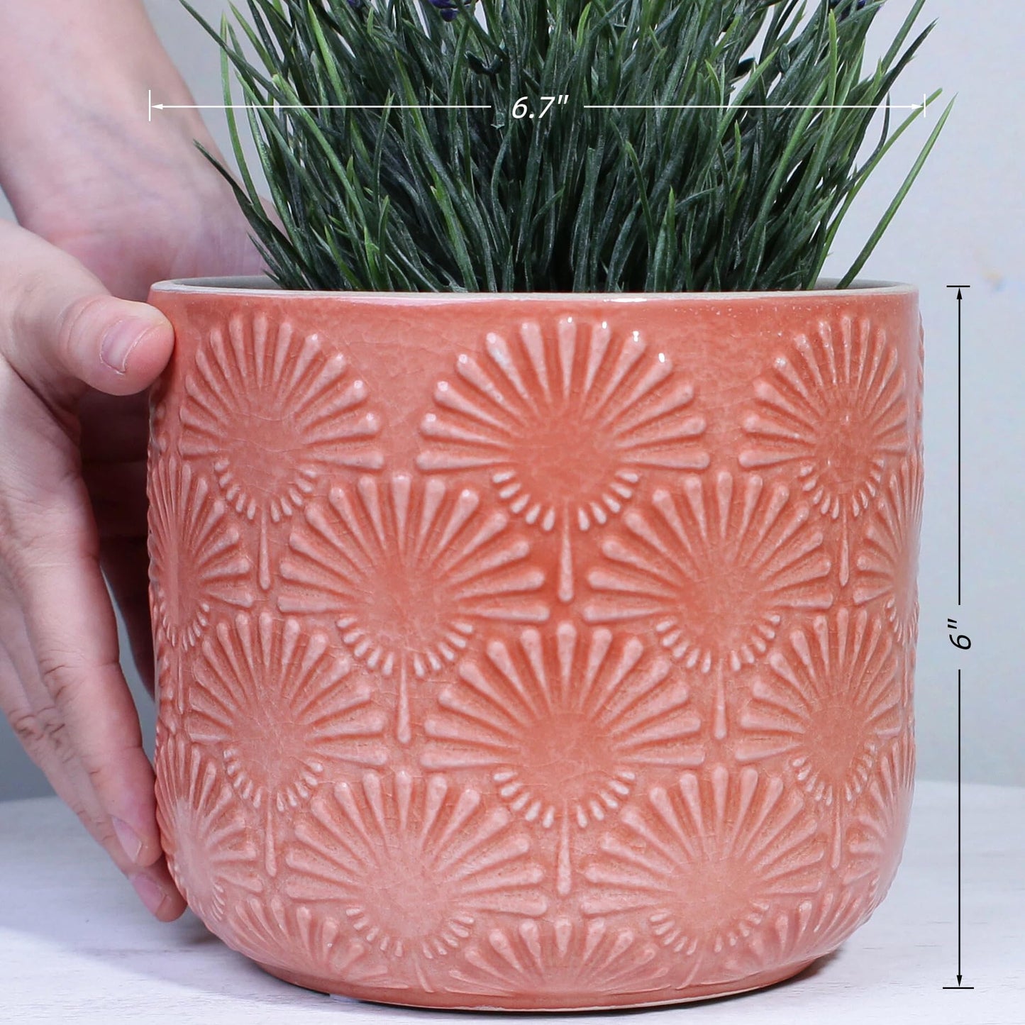 Xiaan Jiaju Boho Embossed Ceramic Flower Pot, 6.7 Inch Modern Planter Pots for Indoor Plants, Bohemian Chic Decorative Glazed Plant Pot with Fanburst Pattern, Coral Blush