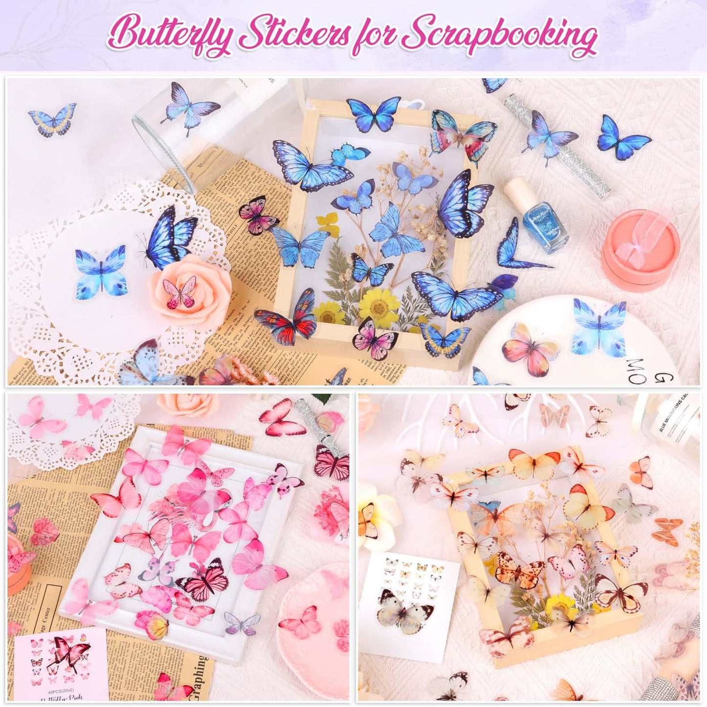 401Pcs Transparent Flower and Butterfly Stickers, Clear Floral Scrapbook Stickers Supplies for Journal Planner Notebook Resin Card Making Laptop Cell Phone Decorating
