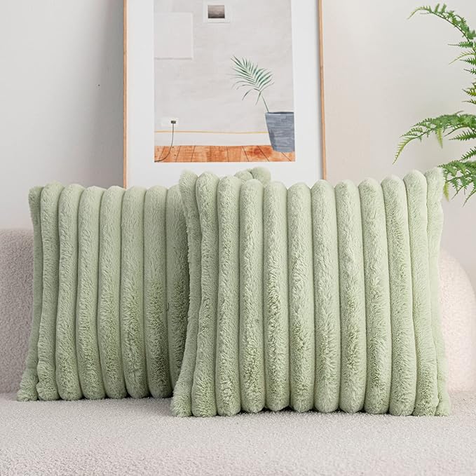 DEELAND Pack of 2,Double-Sided Faux Fur Plush Decorative Throw Pillow Covers Fuzzy Striped Soft Pillowcase Cushion Covers for Sofa Couch Bedroom Green 24x24 inch