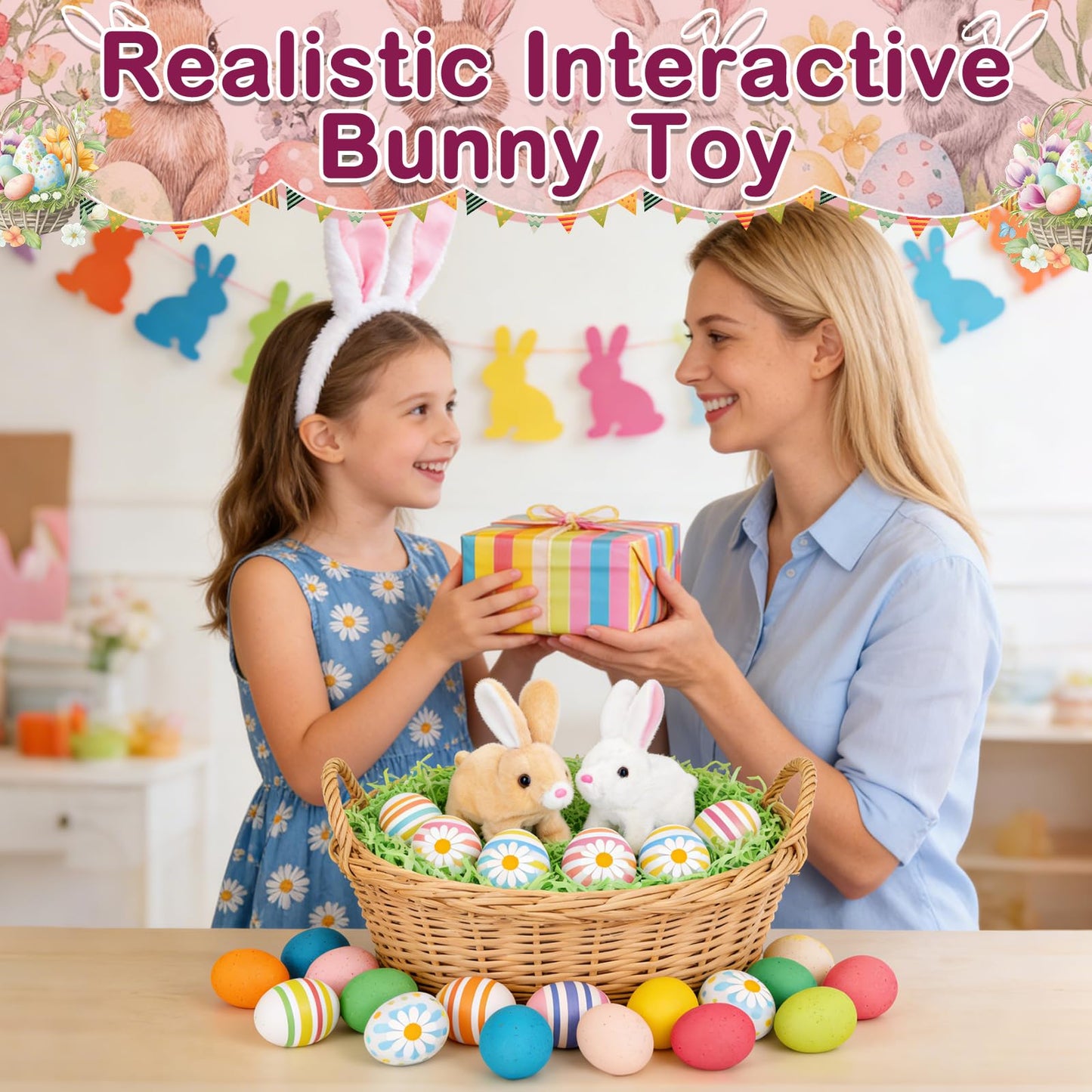 Realistic Bunny Toy, Easter Educational Interactive Bunny Toy, Plush Bunny Hopping Rabbit with Sounds and Movements, Twitching Mouth and Nose, and Wiggling Ears (White)