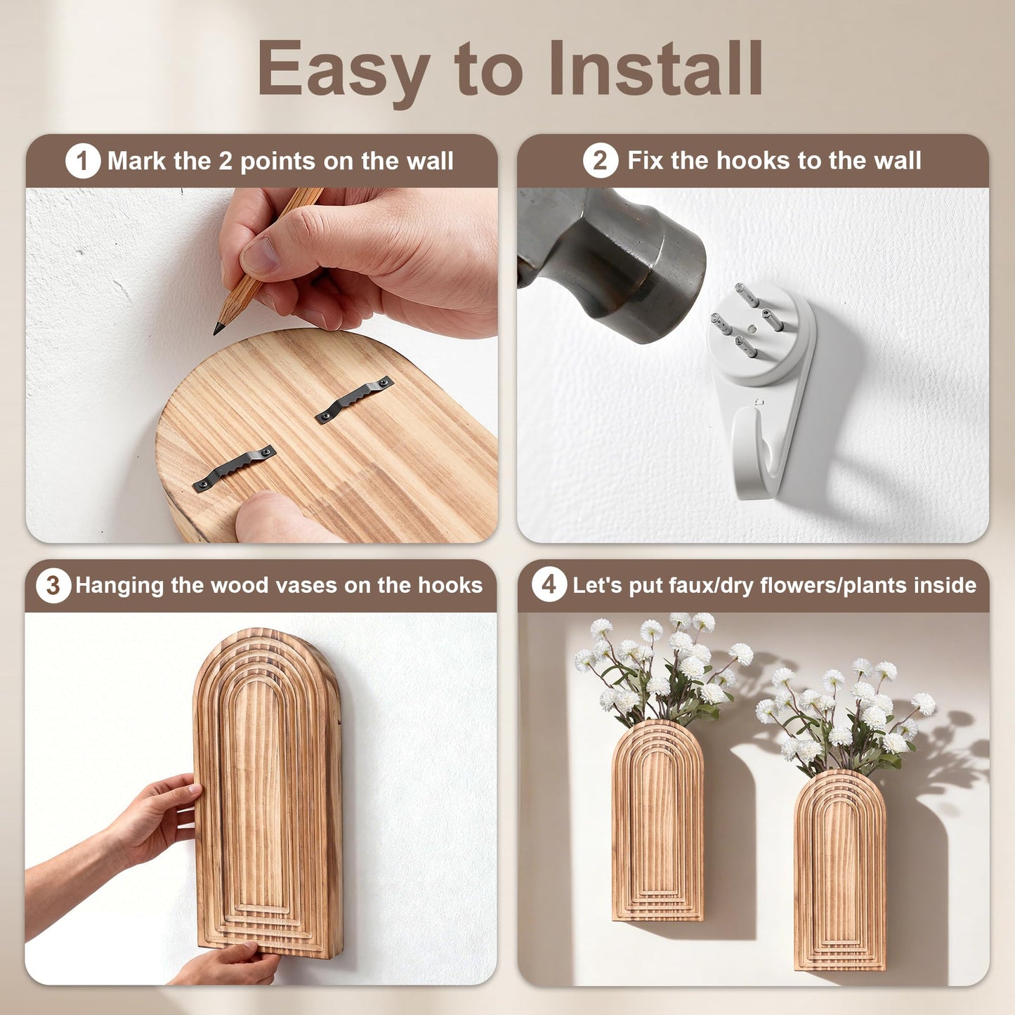 Wooden Wall Vase Set of 2, Wall Hanging Planter Modern Farmhouse Wall Decor for Boho Wall Decor for Indoor Entryway Hallway Bathroom Living Room Dining Room