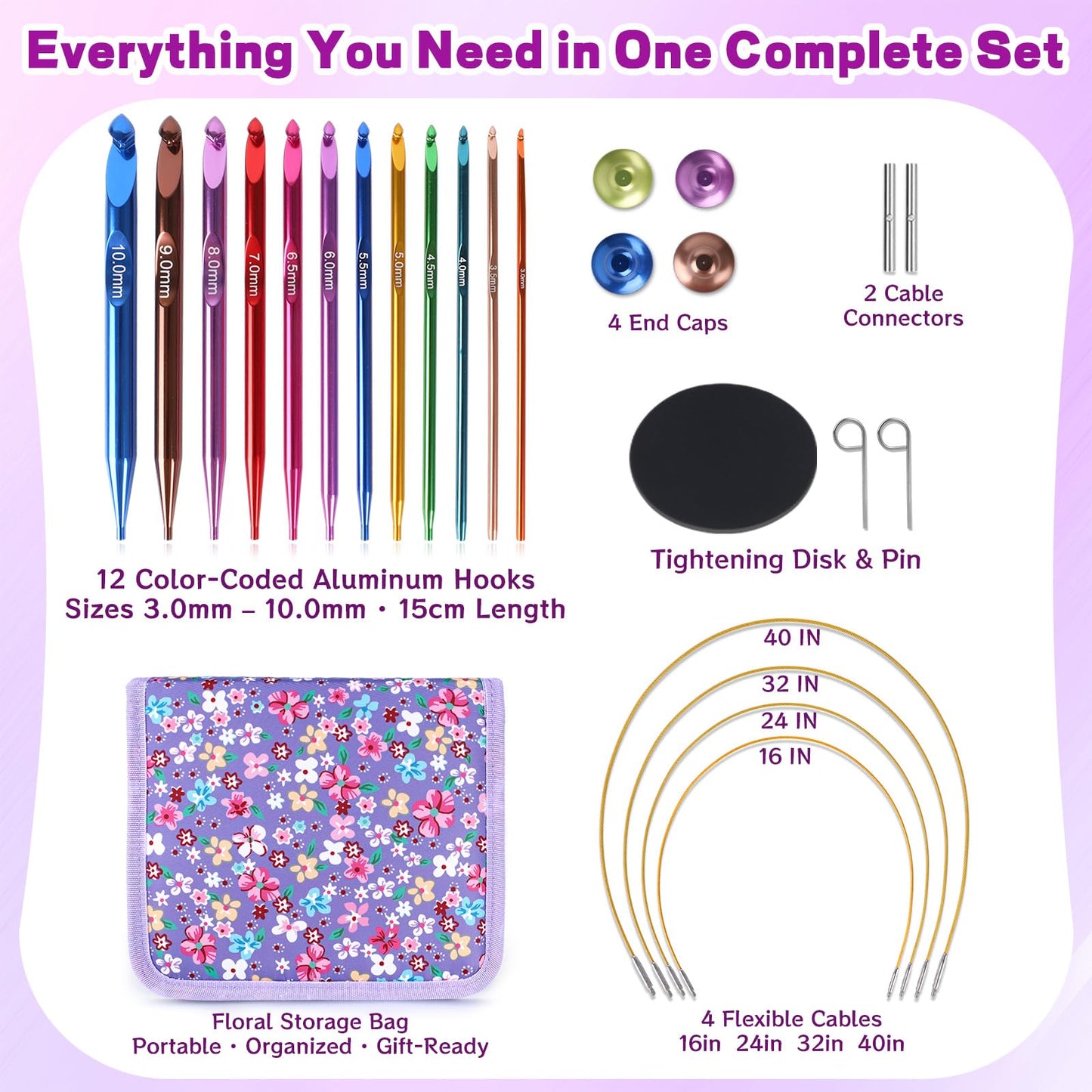 Reessy Interchangeable Tunisian Crochet Hooks Set – 12 Sizes (3.0–10mm) Aluminum Crochet Hooks with 4 Cables, Accessories & Floral Storage Bag – Detachable Afghan Crochet Hook Kit