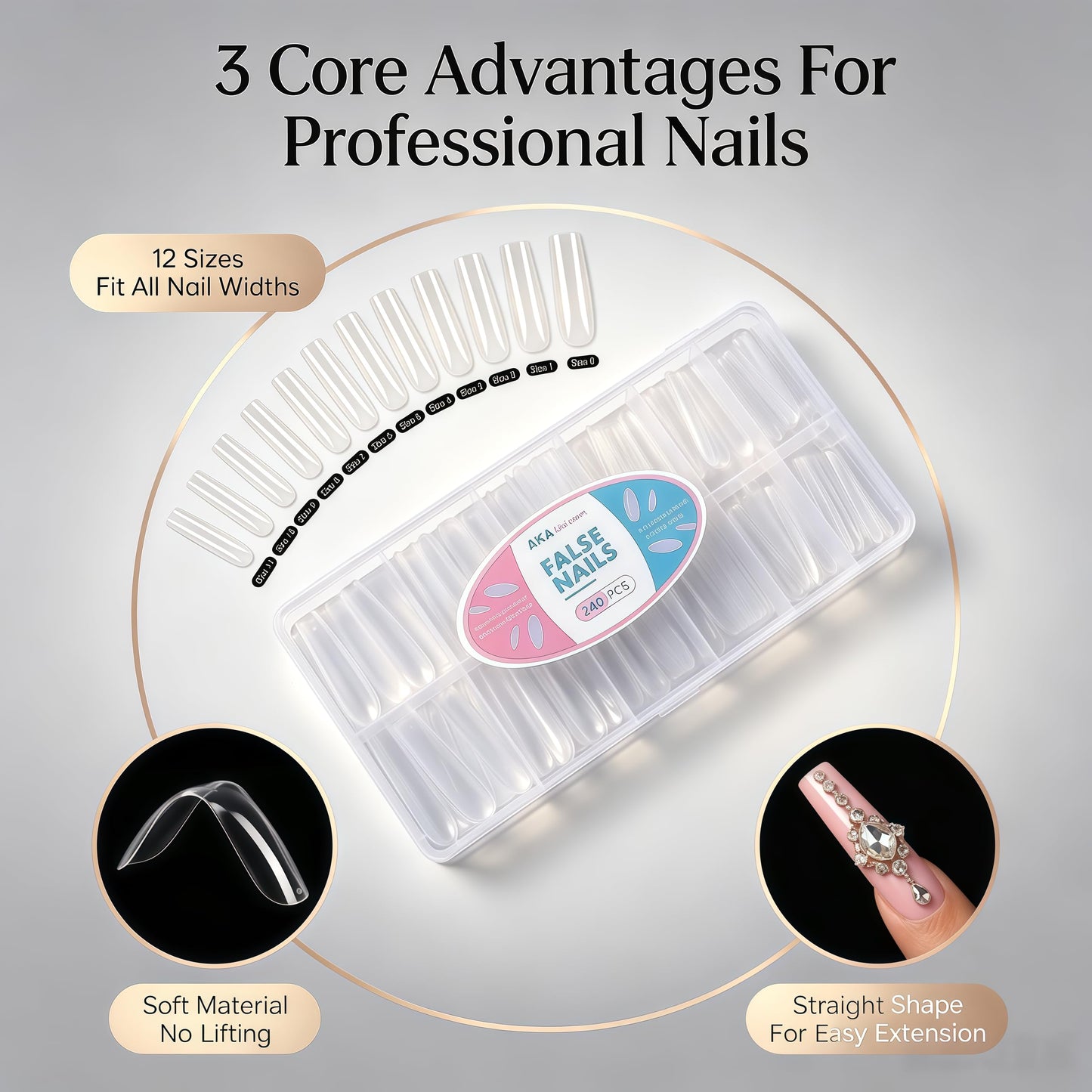 AKA Unicorn Long Square Nail Tips,240Pcs Clear Full Cover Soft Gel Nail Tips,12 Sizes Pre-Shaped Straight Square Nails,3XL Clear Press On Nail Extensions for Beginners & Professionals Salon Home DIY