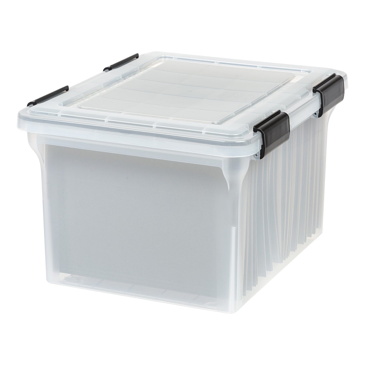 IRIS USA File Box WeatherPro Organizer Plastic for Letter/Legal, Water Resistant Document, Durable Lid, Seal w/Secure Latching Buckles, Stackable, Nestable, Clear 32 Qt. 1 Pack