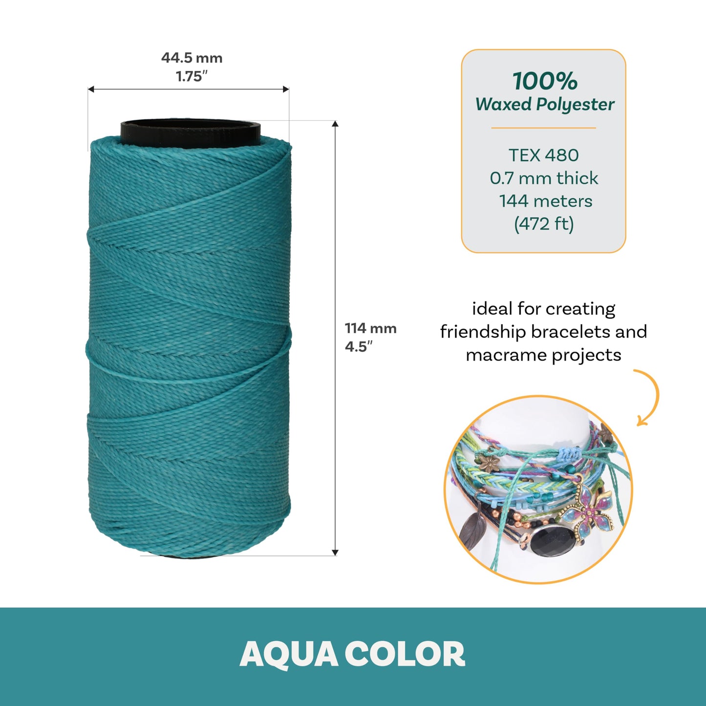 The Beadsmith Knot It Waxed Polyester Cord – Aqua Color – 0.7mm Diameter – Light Wax, 144 Meters (472 Feet) Per Spool – Make Jewelry, Macrame, Friendship Bracelets and DIY Crafts
