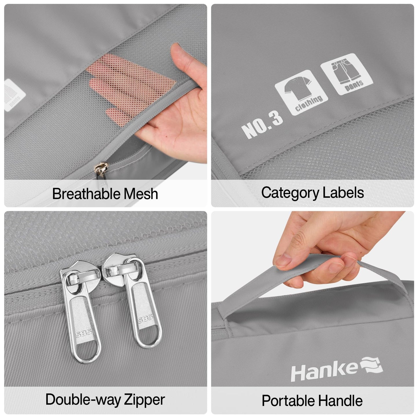 Hanke 7 Set Compression Packing Cubes for Travel, Expandable Large Packing Cubes for Suitcases and Backpack, Luggage Packing Organizer Bags with Double Zipper as Travel Essentials,Light Grey