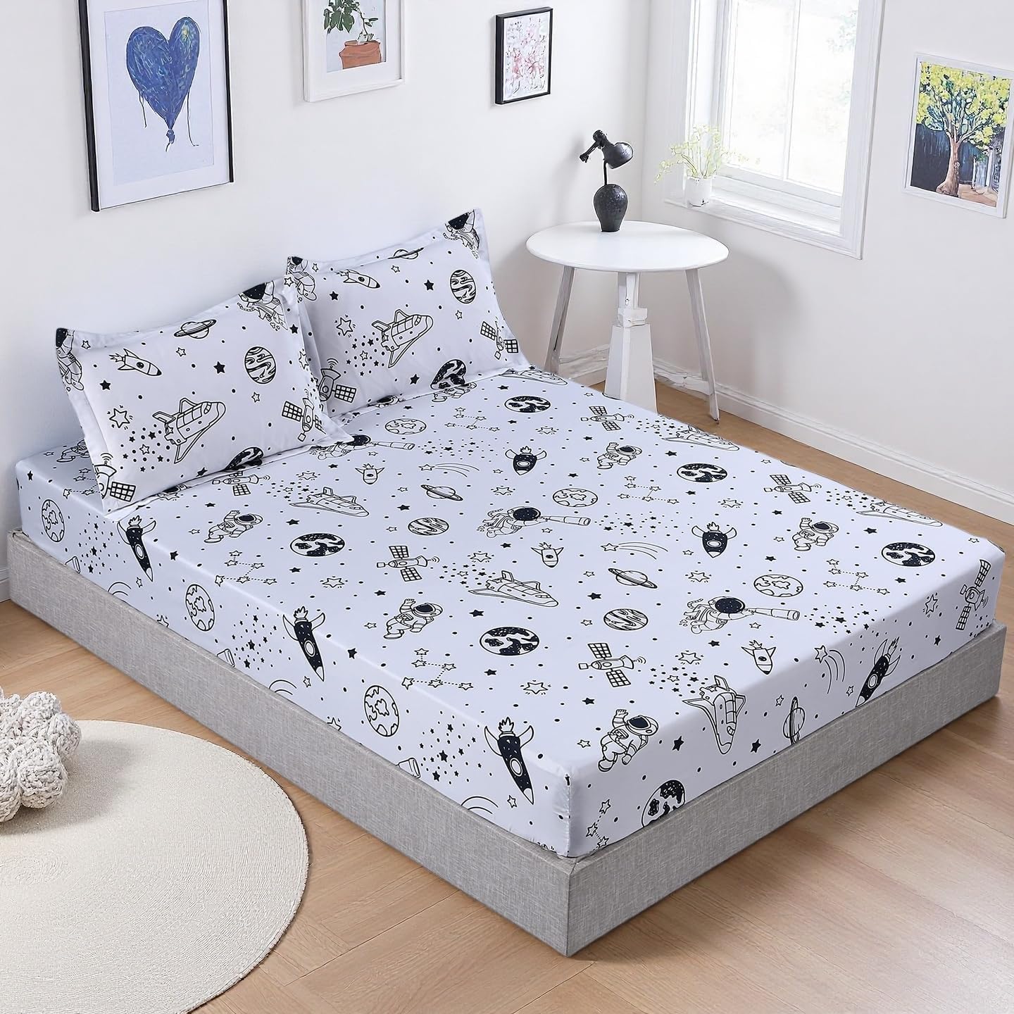 MAG 3 Pcs Space Sheets Twin,White Based Galaxy Planets Sheet Set,Super Soft Microfiber,for Kids Teens Boys Girls and Space Galaxy Lovers with 1 Fitted Sheet 14'' Deep Pocket and 2 Pillowcases.