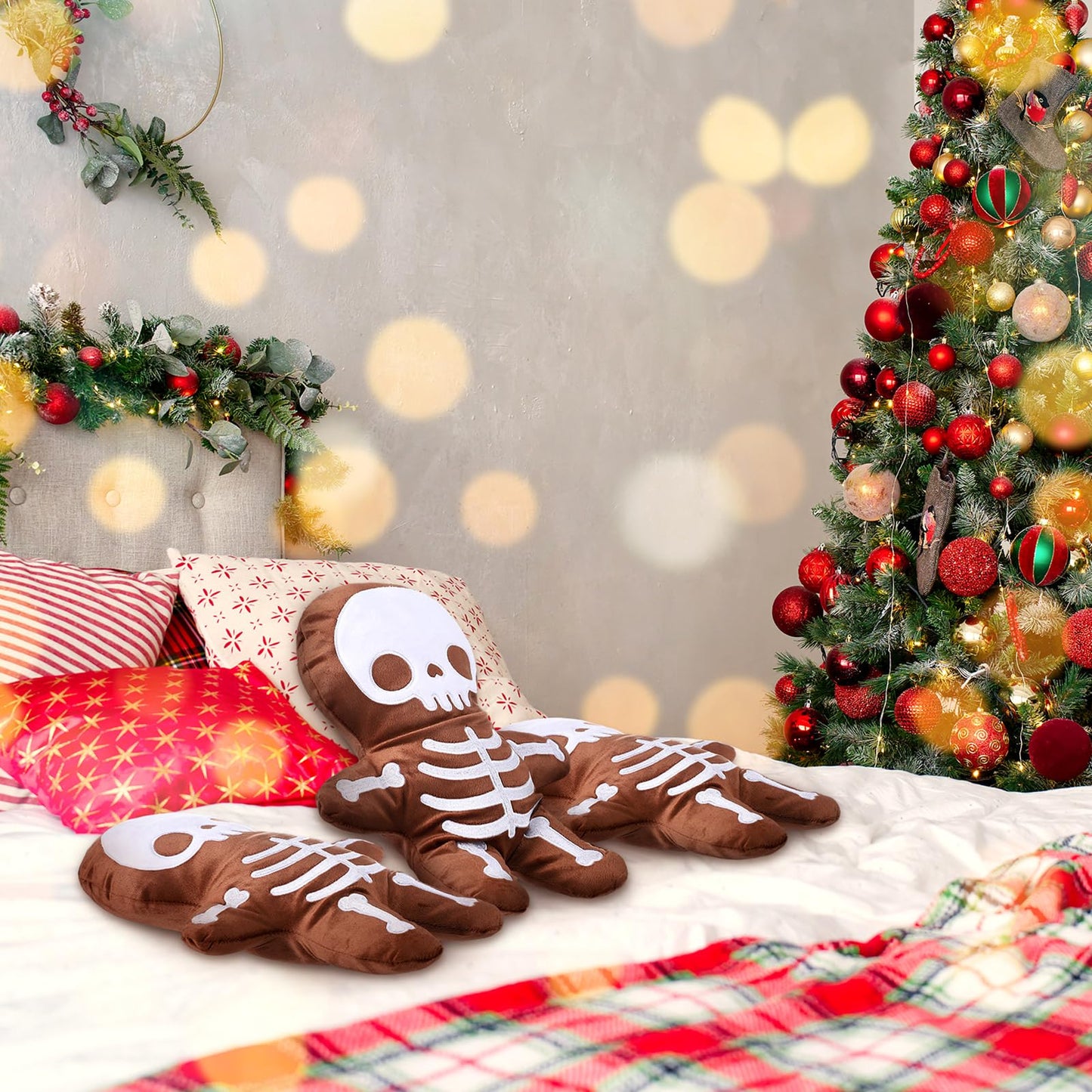 3 Pcs Skeleton Gingerbread Man Gothic Horror Throw Pillows - Creepy Stuffed Plush Spooky Sofa Cushion Decor for Christmas & Halloween