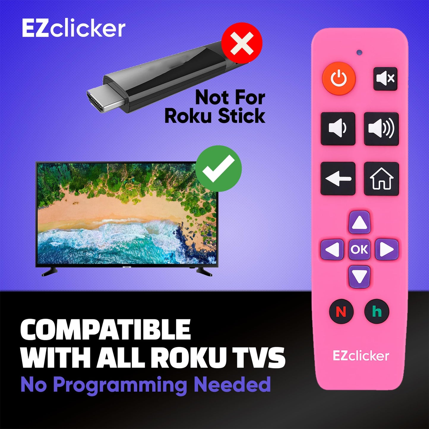 Roku Replacement TV Remote Compatible with Roku TV's ONLY (Pink) Big Button TV Remote Control, Simple and Easy to Use, NOT Compatible with Roku Stick or Box (2xAAA Batteries not Included)