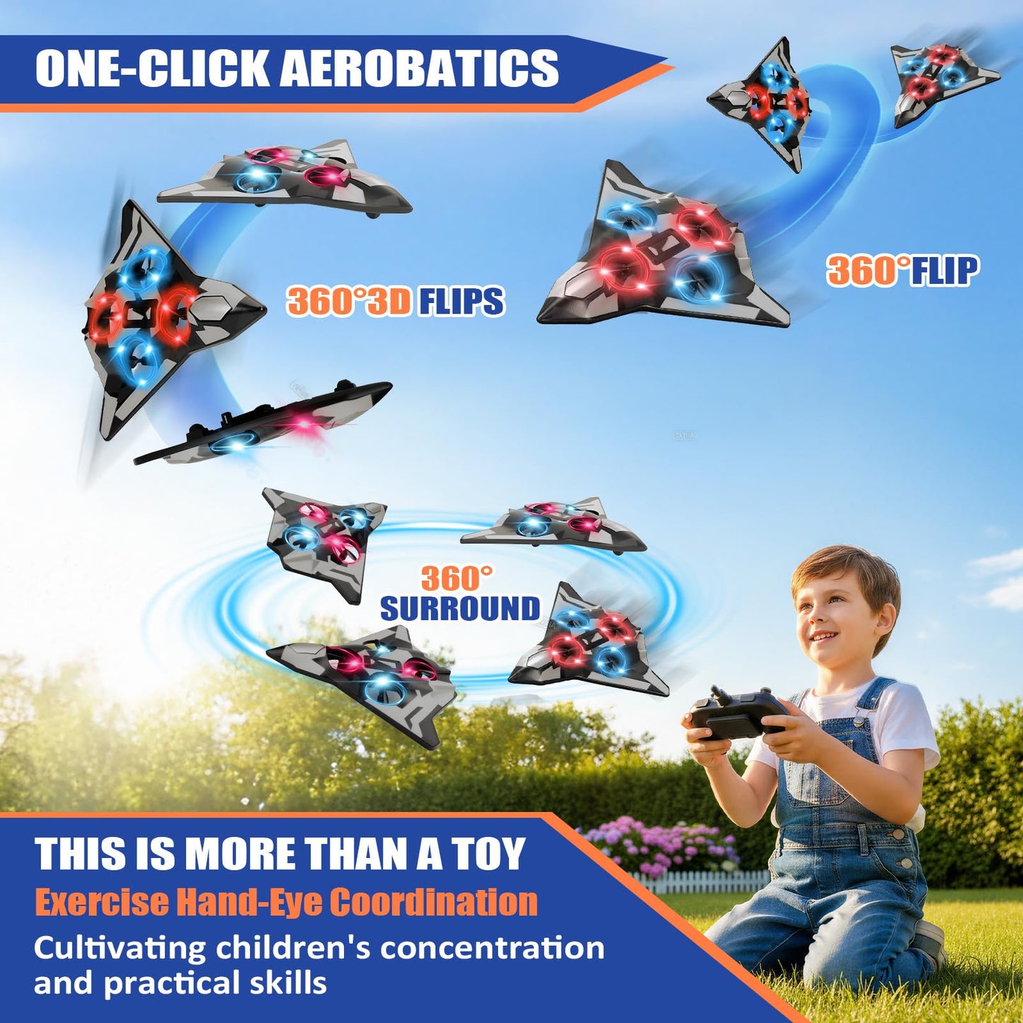 ZzzMgzzZ Foam Remote Control Airplanes for Kids & Adults | Easy Control, Great for Beginner and Teenagers, with Stable Hovering, 360° Flips, Circle Fly, LED Light, 2.4Ghz, Christmas & Birthday Gifts