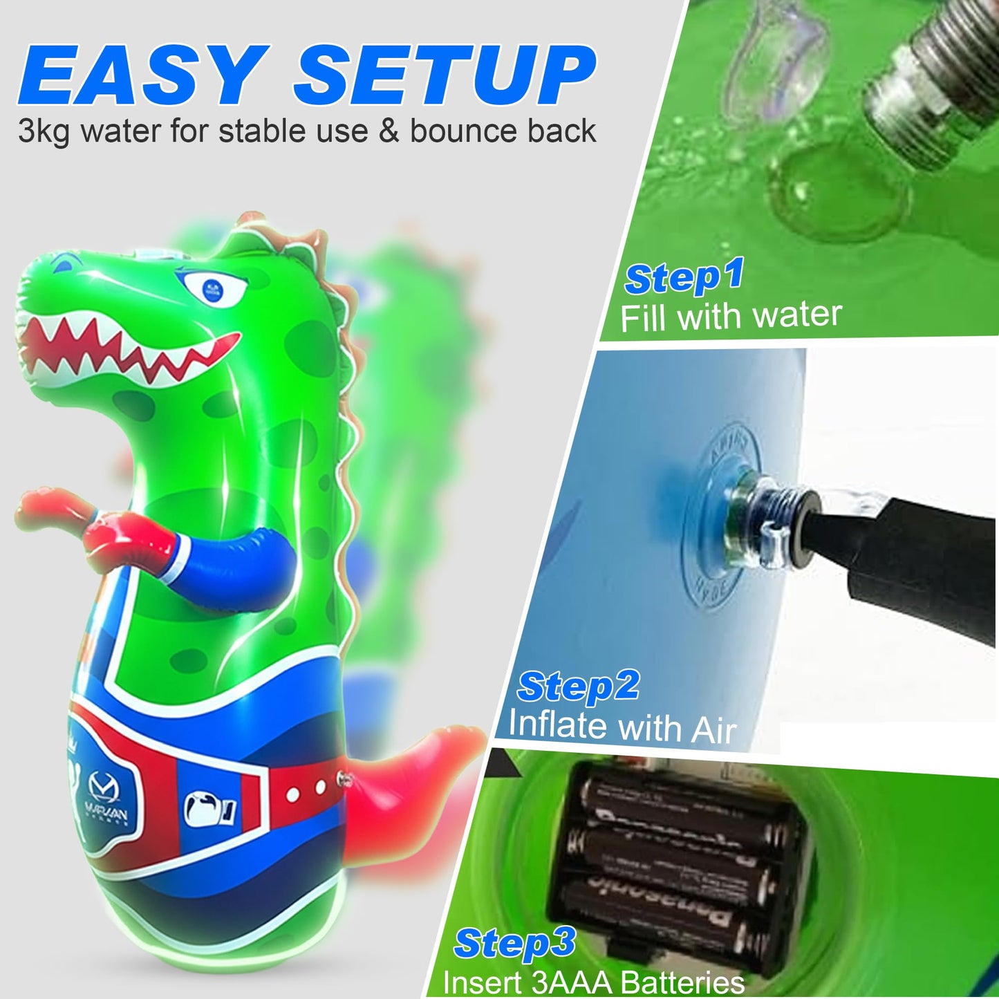 Marwan Sports Punch, Light & Roar Dinosaur Punching Bag – 47" Inflatable Bop Bag for Kids Ages 3-14 | Bounce-Back Toy with Lights & Roaring Sounds | Active Play Gift for Toddlers & Children