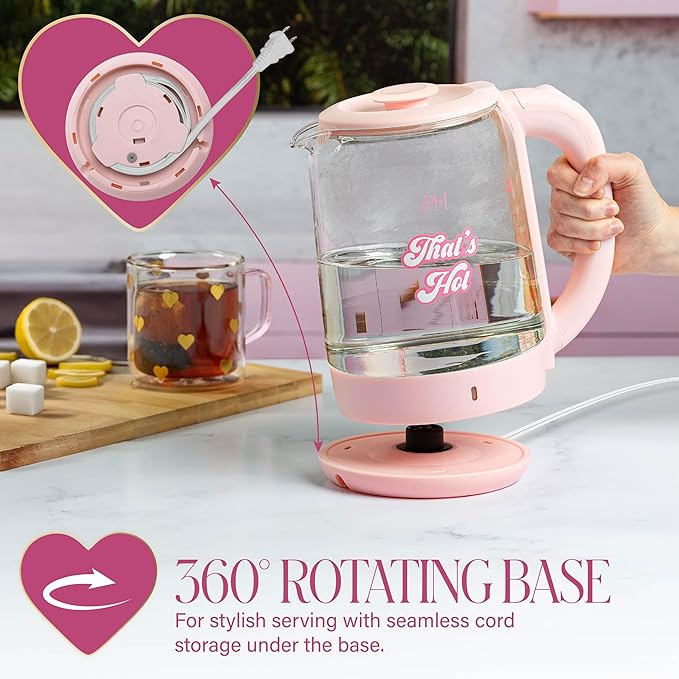 Paris Hilton Electric Kettle, Fast Boil with Auto Shut-Off, LED Indicator, 360° Base, Cord Storage, 1.8-Liter, Glass, Pink