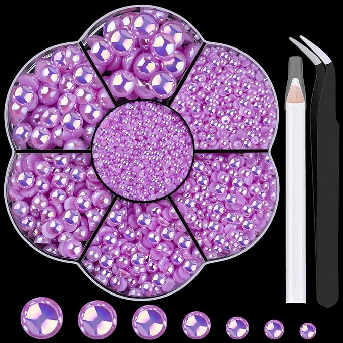 Nail Art Flat Back Half Round Pearl Kits 32, 1 Box of 6000 Pcs Flat-Back Light Purple AB Pearl with Tweezer and Picker Pencil for Home DIY Nails Body Face Craft and Salon Use