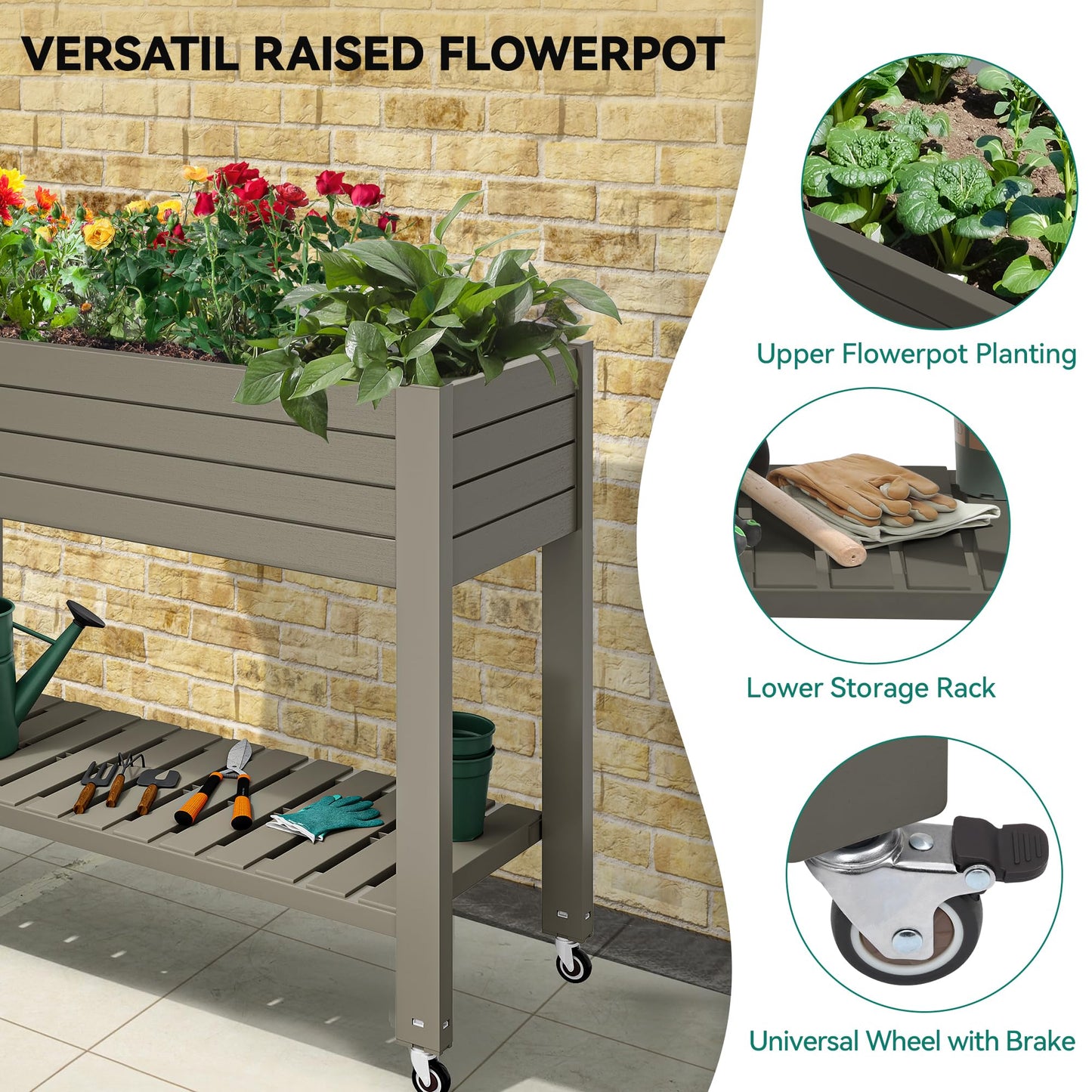YITAHOME 43.3x17.7x34 in Elevated Garden Bed, Outdoor Plastic Planter Box with Wheels, Legs, Drain Plug, and Storage Shelf for Plants, Vegetables, Flowers, Herbs, Light Brown