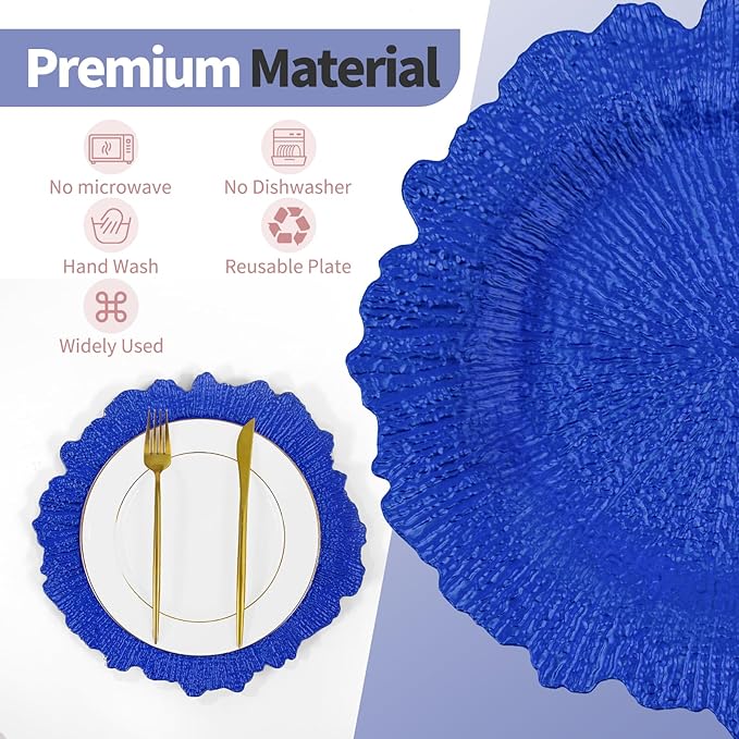 24 Pcs Royal Blue Charger Plates Bulk 13 Inch Plastic Charger Plates for Dinner Plate, Royal Blue Chargers for Table Setting, Reef Design Plate Floral Decorative Round Chargers for Wedding Party Event