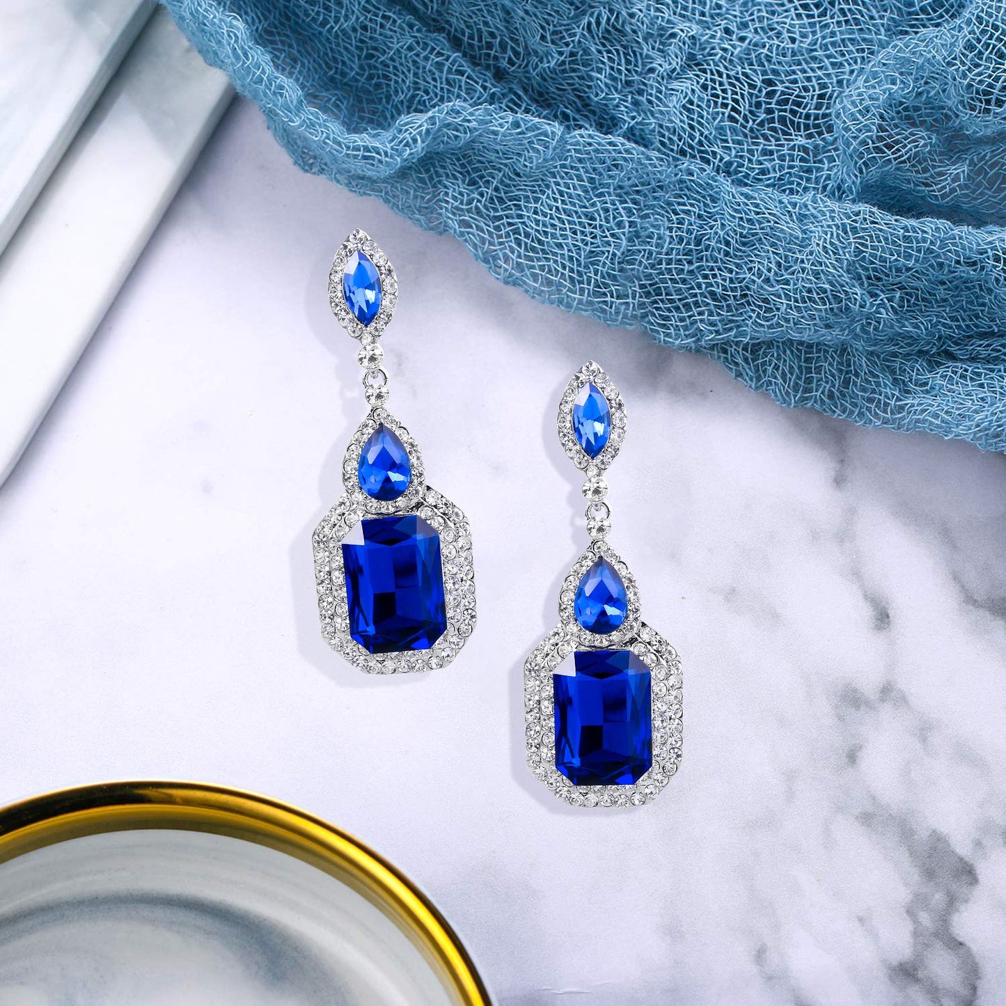 BriLove Women's Wedding Bridal Dangle Earrings Emerald Cut Crystal Infinity Figure 8 Chandelier Jewelry Royal Blue Sapphire Color Silver-Tone