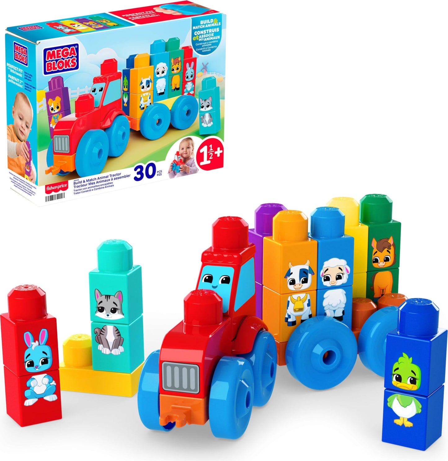 MEGA BLOKS First Builders Toddler Block Toys Set, Build & Match Animal Tractor with 30 Pieces, Learn Animals and Colors, Red and Blue, Ages 1+ Years