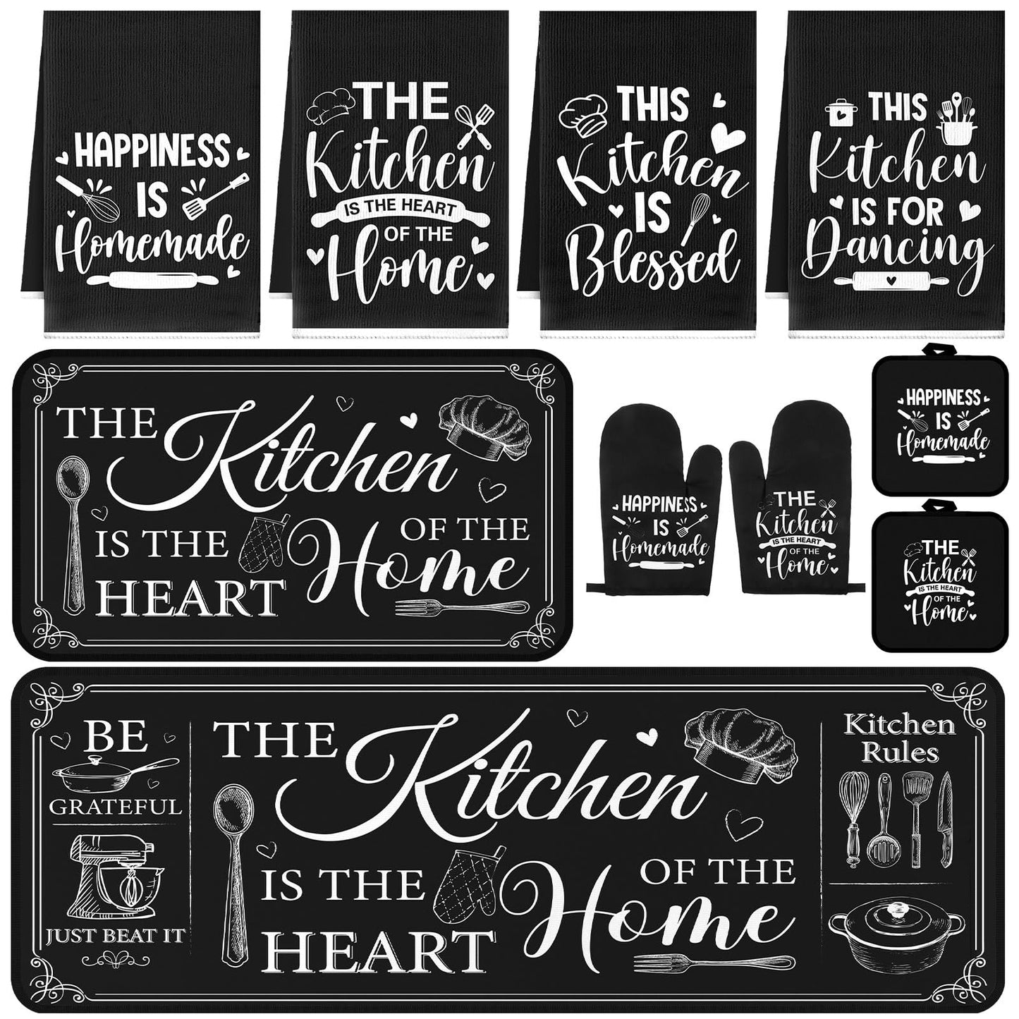 Fourluoo 10 Pcs Farmhouse Kitchen Decor and Accessories Set 4 Kitchen Towels 2 Pot Holders 2 Oven Mitts 2 Rugs for Cooking Baking Mom Housewarming Gifts(Black,Classic Style)