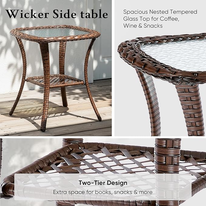 Belord Luxury 6" Thick Cushioned Outdoor Swivel Rocker Patio Chairs with Side Table, 3 Pieces High Back Wicker Furniture Set with Ergonomic Back, Conversation Gliders Set for Deck Porch - Brown+Blue