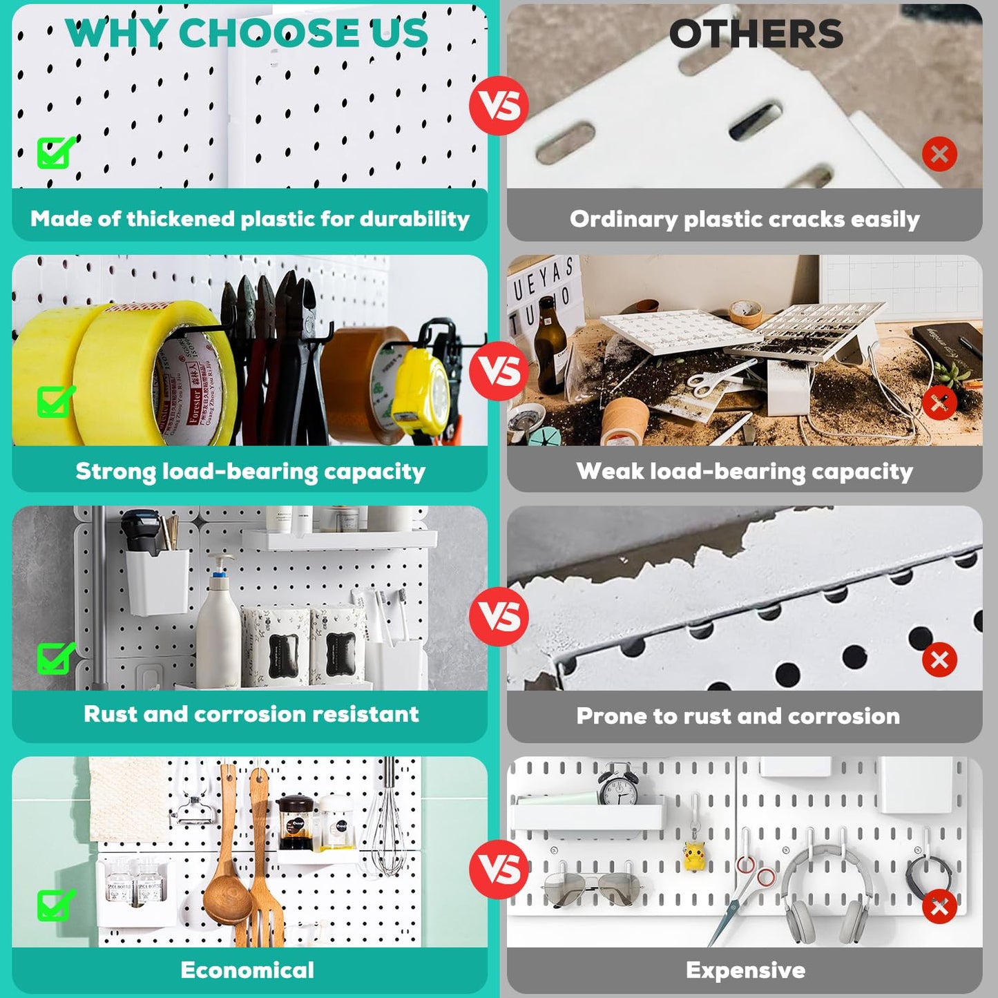 6Pcs Peg board, Pegboard Wall Organizer Panels, Wall Mount Display Small Pegboard Kits, Pegboard, Peg Boards for Wall Craft Room, for Kitchen, Garage, Workshop, Tool Accessories - White Pegboard