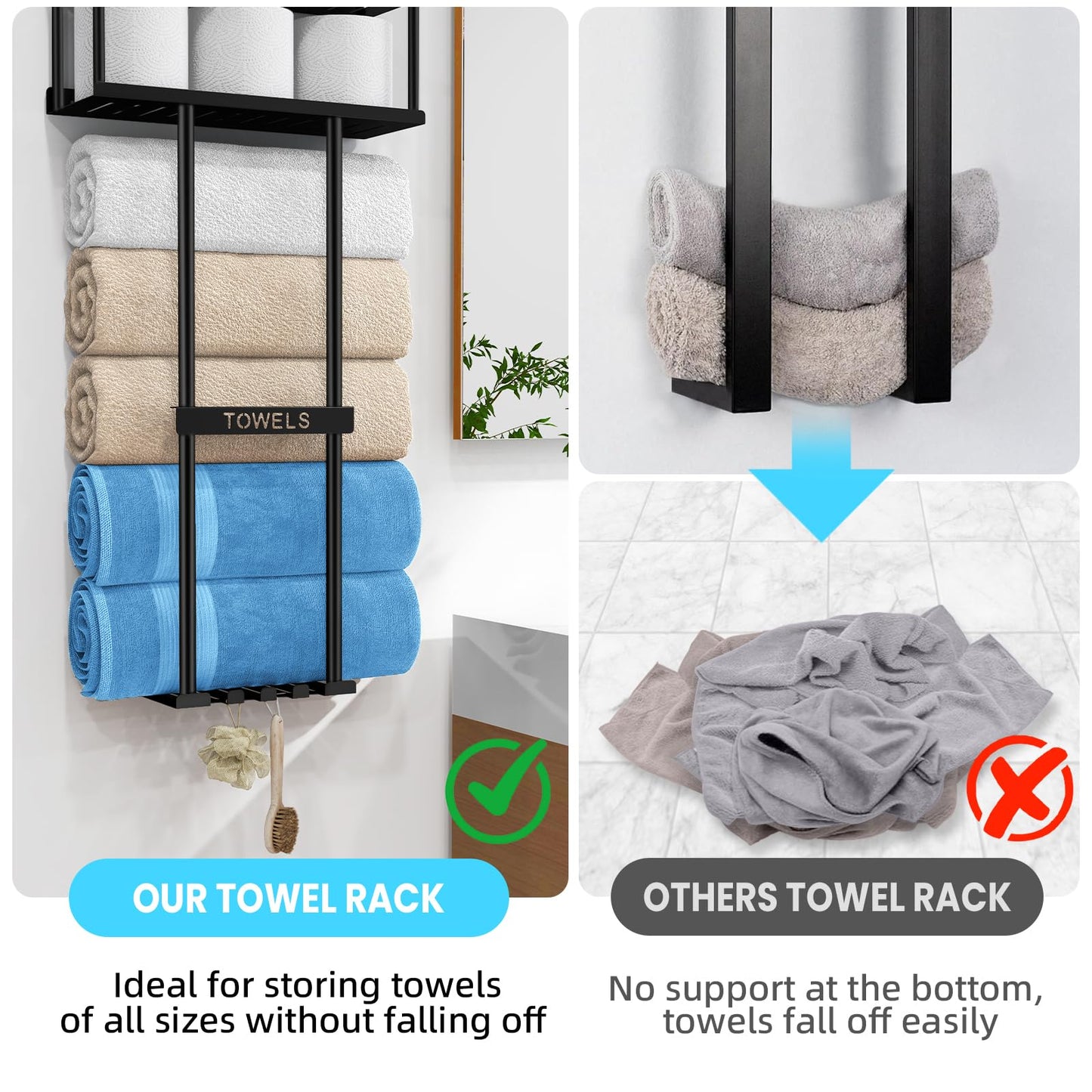 STWWO Bathroom Towel Storage Rack, Metal Towel Racks Wall Mounted Can Holds 5 Large Towels, 30.5IN Bathroom Towel Holder with Shelf & Storage Basket, Towel Organizer with 3 Hooks for RV, Apt, Black