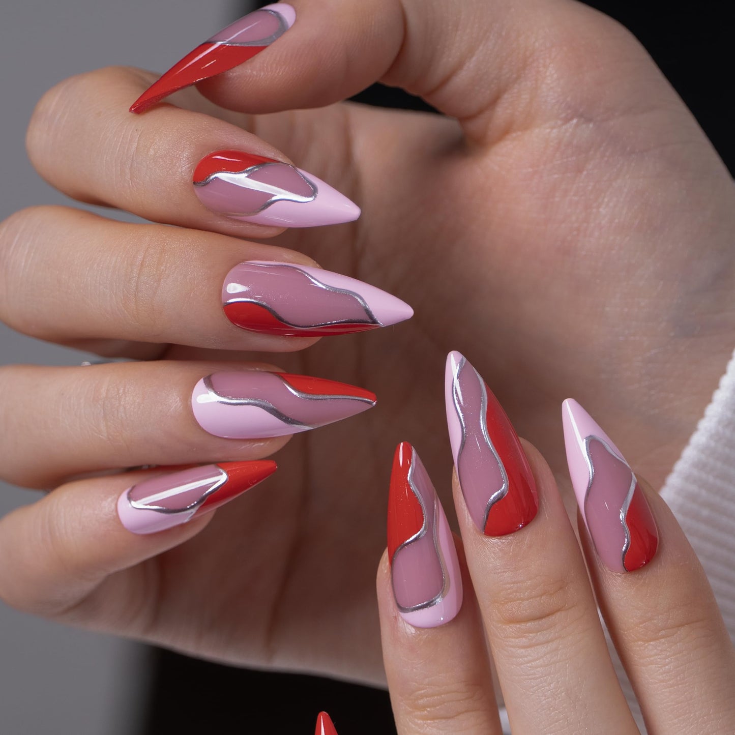 CurvLife Soft Gel Almond Press On Nails, Long-Lasting Reusable Fake Nails Kit with Glue & Tabs, 30pcs Salon-Quality Stick On Nails for Women At-Home Manicure (Flame Curve)