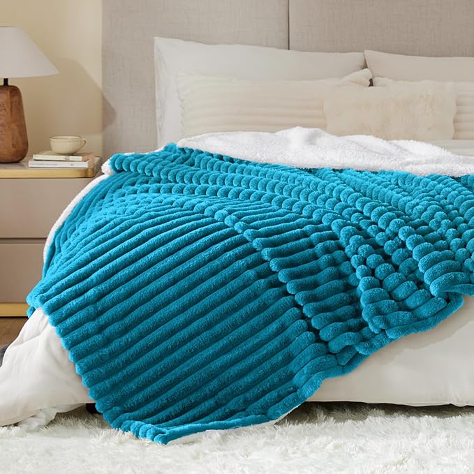 INFIIXSO Sherpa Throw Blanket for Couch - Super Soft & Warm Striped Fleece Blanket, Cozy Plush Fluffy Blanket All Season Use (Teal, 60x80 Inches)