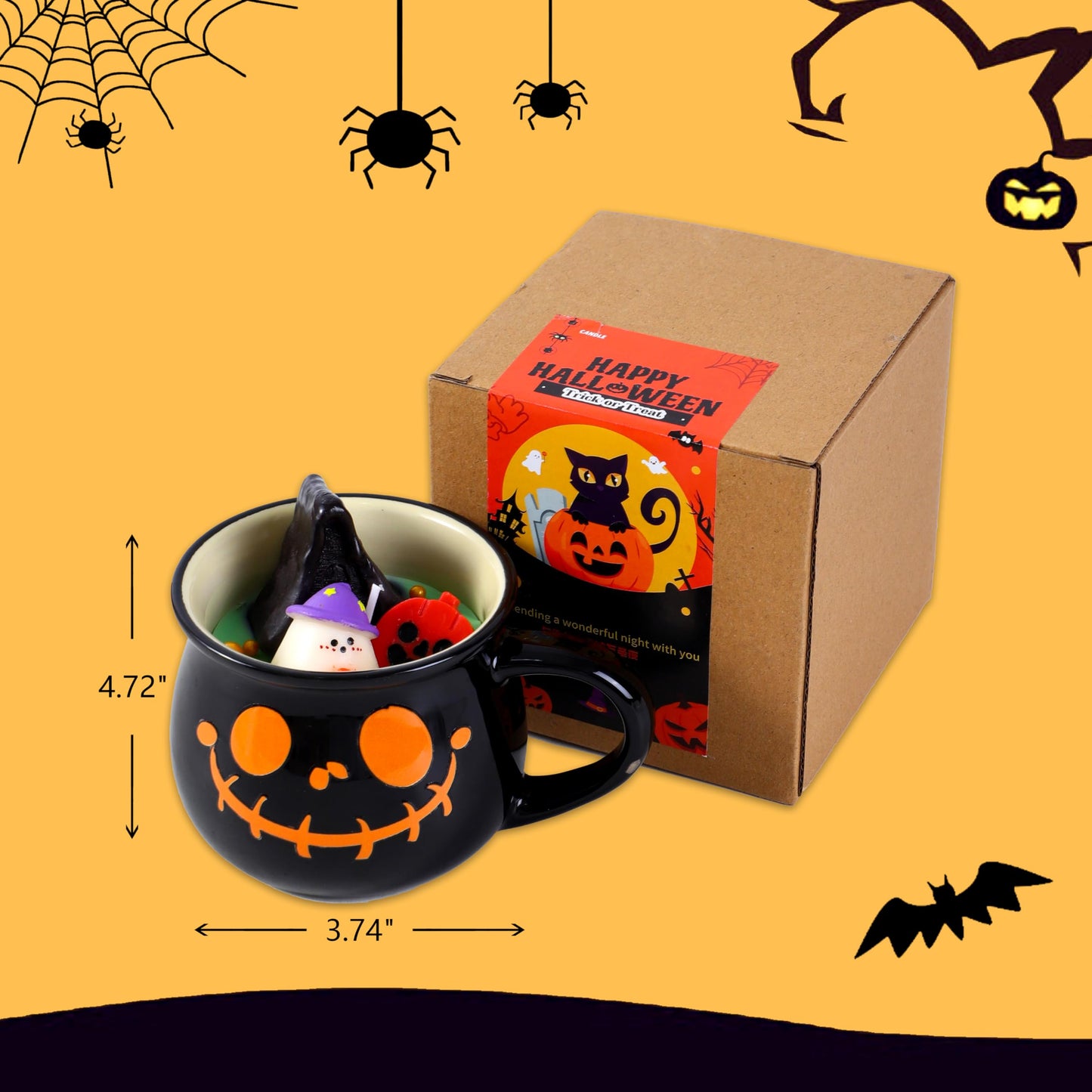 EAKE Halloween Ghost Mug Scented Candle - Black Novelty Cup with Ghost & Pumpkin Designs, White Peach Oolong Scent, Soy & Beeswax Blend, 30-Hour Burn, Novelty Spooky Gift for Halloween, Birthday