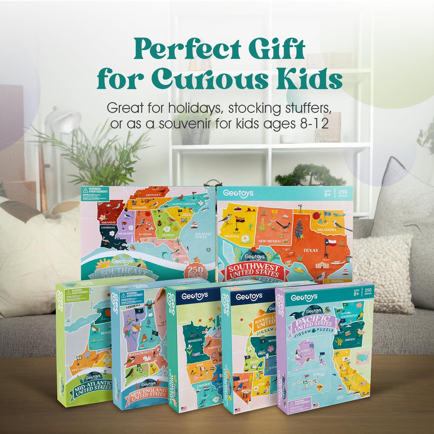 Geotoys USA Regional Jigsaw Puzzle Bundle - Set of 7 Jigsaw Puzzles for Kids Ages 8-12 - 250 Piece Puzzles for Kids Featuring New England, Midwest, Pacific & More – Regional US Map Puzzle with Flags