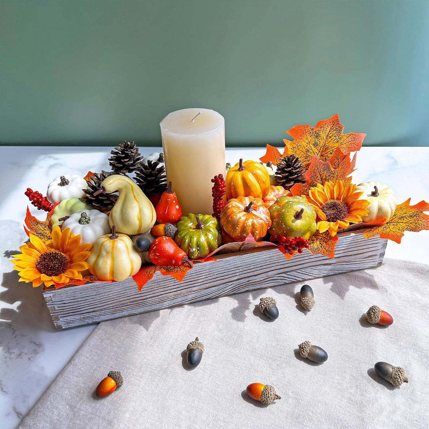 Winlyn 60 Pcs Assorted Small Artificial Pumpkins and Gourds with Acorns Pinecones Maple Leaves Sunflowers Fall Harvest Decoration Set for Thanksgiving Halloween Bowl Filler Table Centerpiece Wreaths