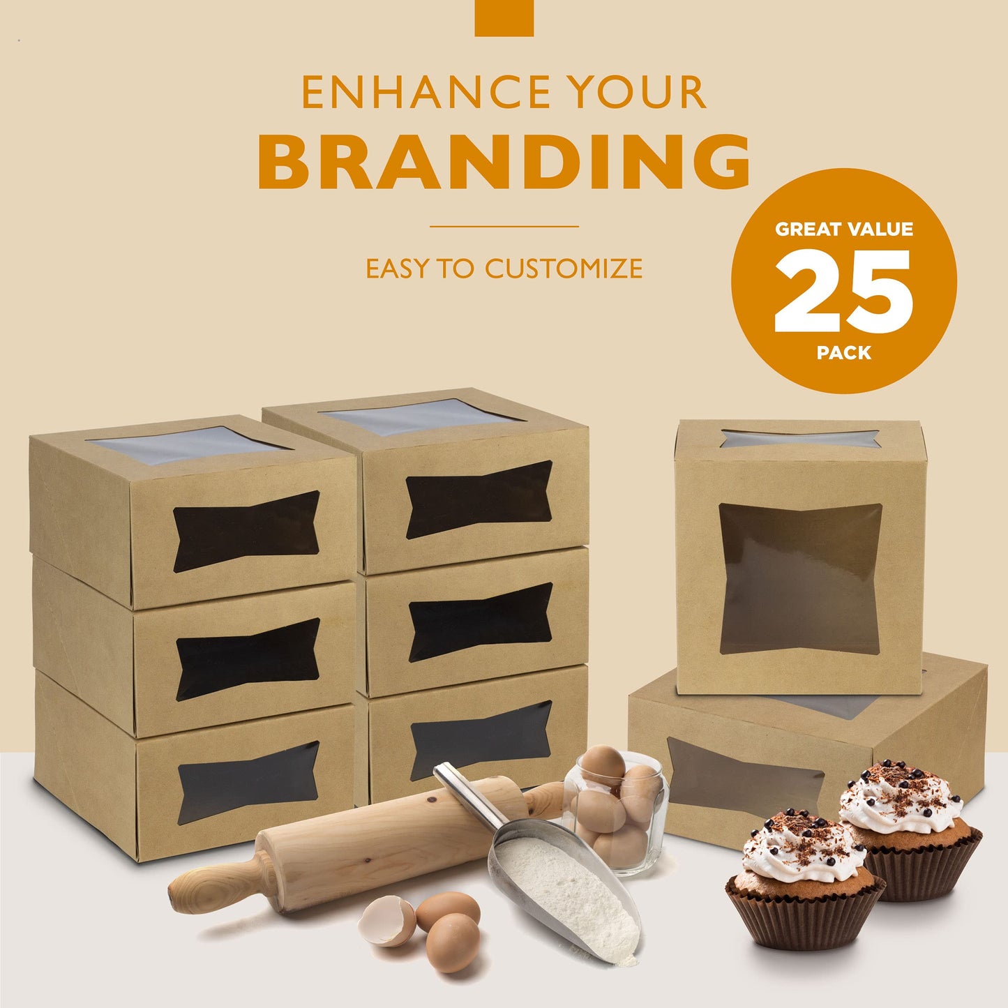 Fit Meal Prep 25 Pack Cake Boxes with Window 8x8x4 Auto Pop-Up Bakery Containers for Dessert, Cookies, and Pastry Gift Treat Box for Packaging Cake Carrier for Valentine's Day, Christmas Kraft