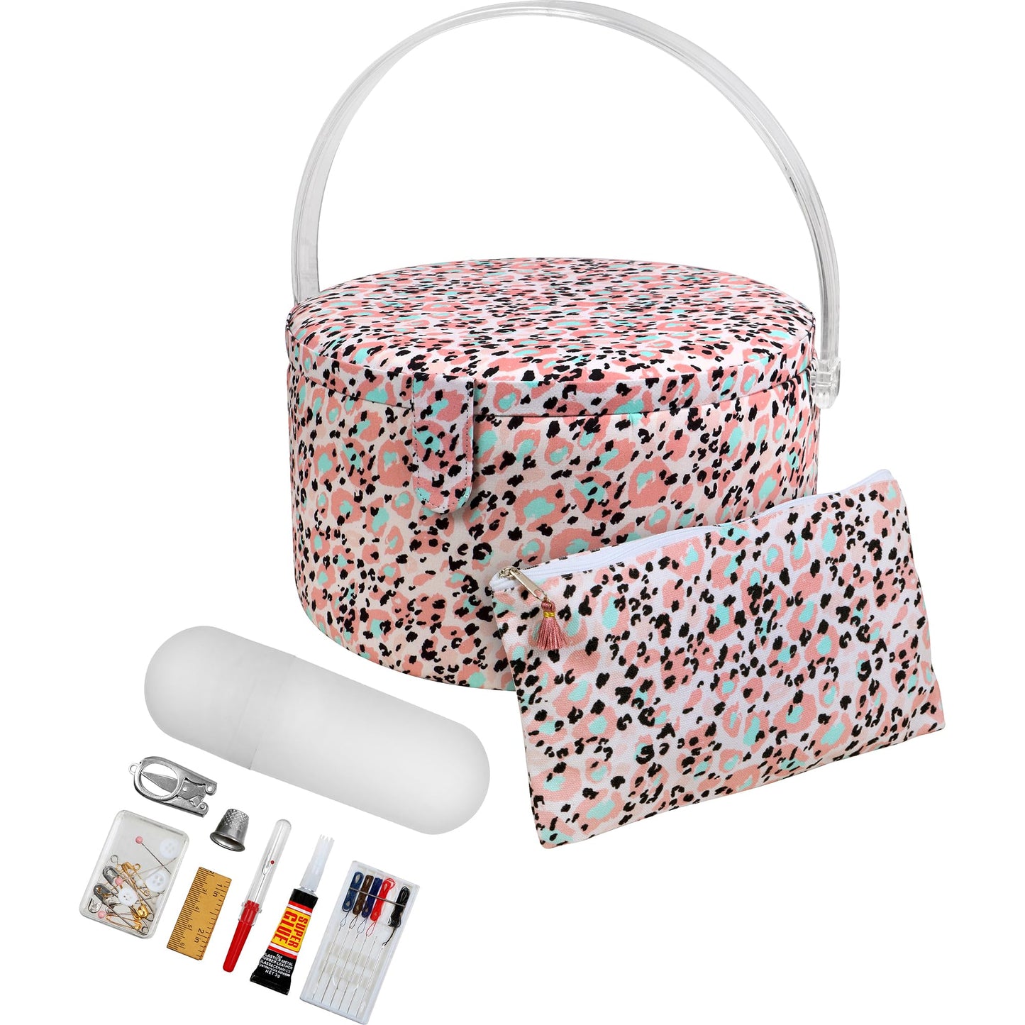 SINGER Large Round Sewing Basket with Emergency Travel Sewing Kit & Matching Zipper Pouch - Rose Pink Leopard Print