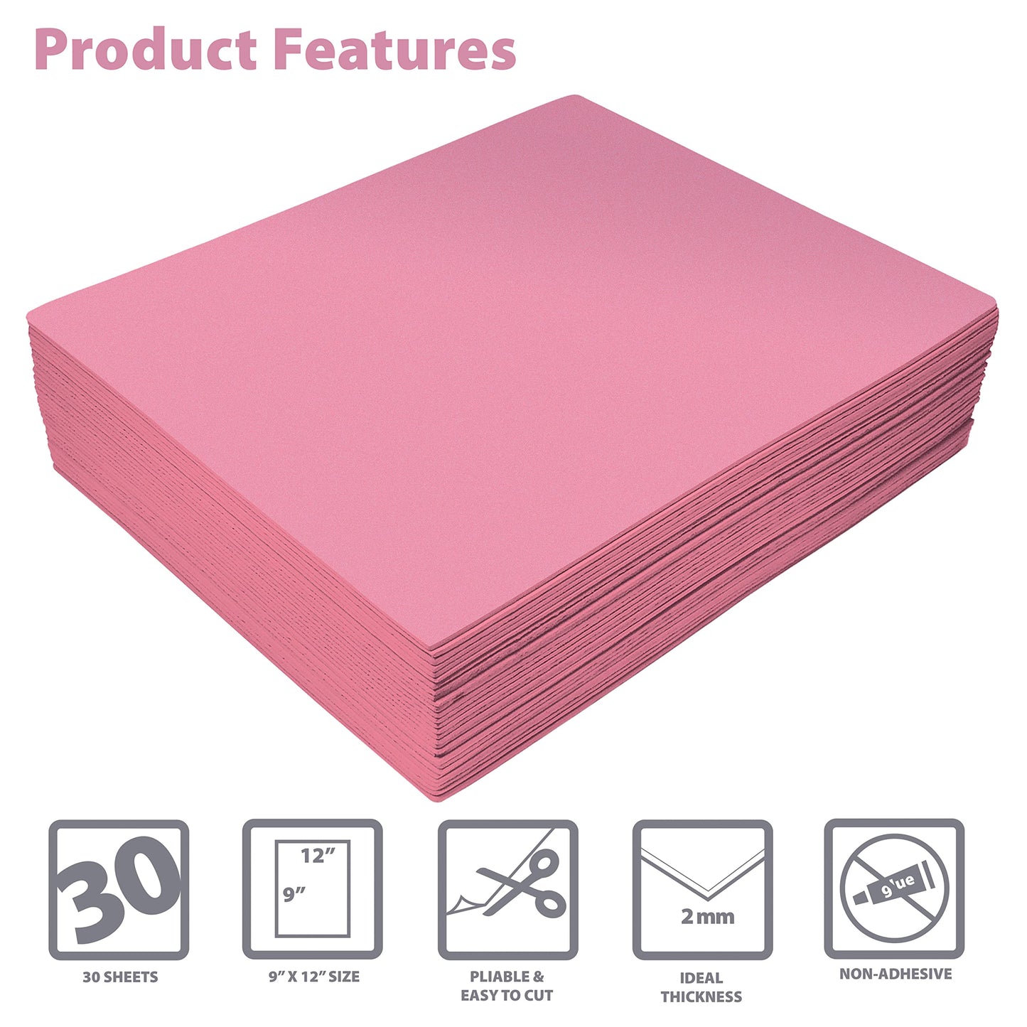 Better Office Products Pink EVA Foam Sheets, 30 Pack, 2mm Thick, 9 x 12 Inch, Pink Color, for Arts and Crafts, 30 Sheets Bulk Pack