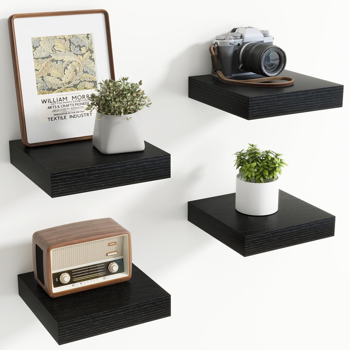 Axeman Square Floating Shelves for Wall, 8" W x 8" D x 1.4" H Rustic Wooden Wall Shelves, 4 Pack Wall Mounted Floating Shelf with Invisible Brackets for Living Room, Bathroom, Kitchen, Black Color