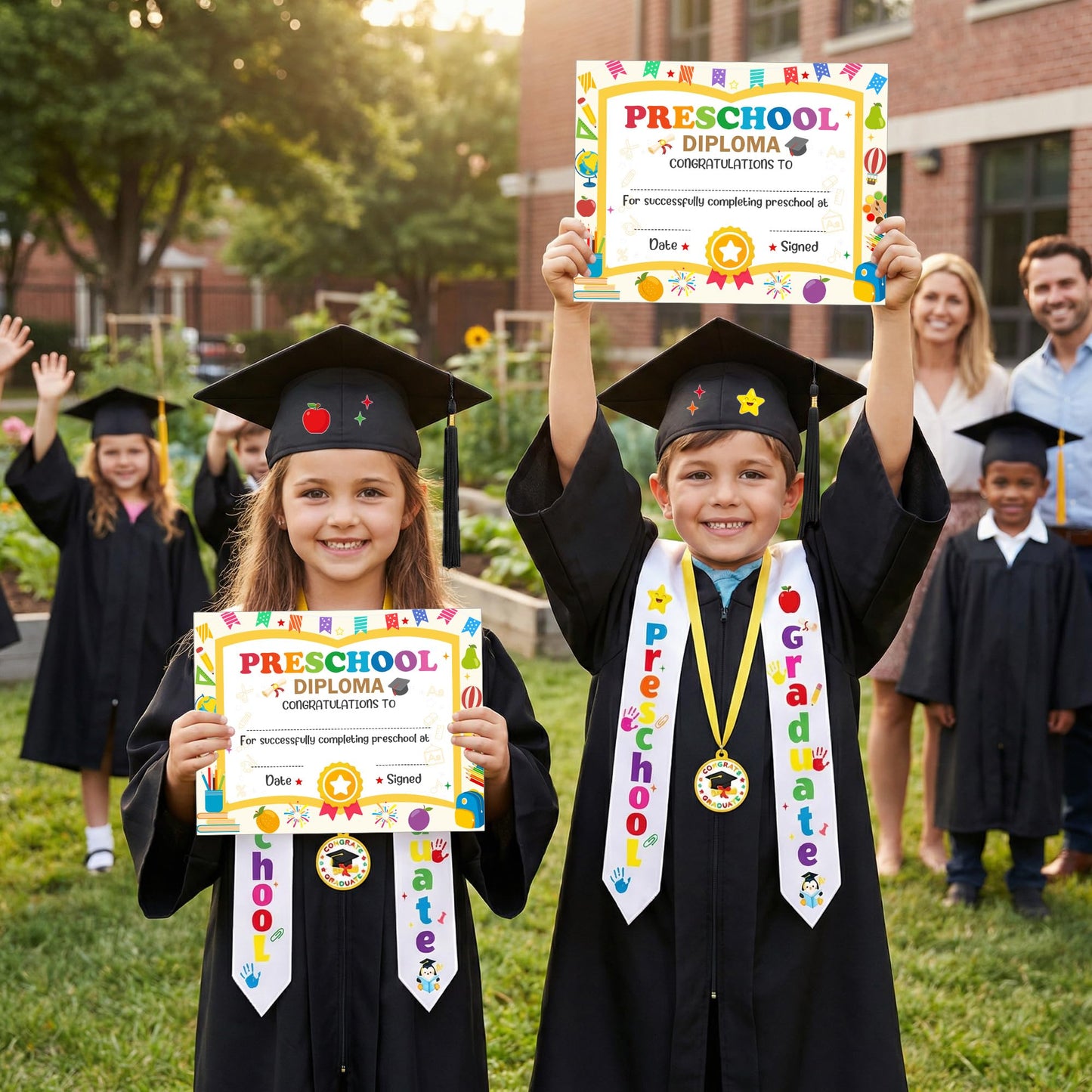 Wehhbtye 12 Pcs Preschool Kindergarten Graduation Cap Stole Iron on Letter Set, Preschool Graduation Cap Stole Decoration Includes Iron on Letters Certificate Medal for Kids Students DIY Craft