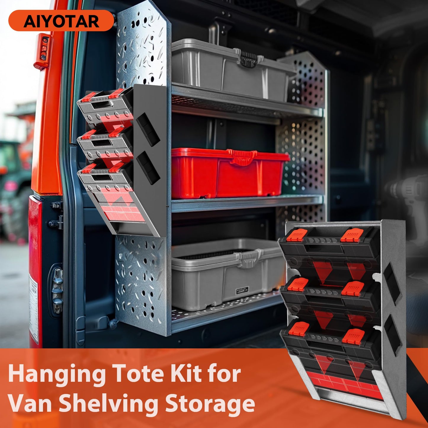AIYOTAR Hanging Tote Kit for Van Shelving Storage, Work Van Organizers and Storage Boxes, 3 Small Parts Tool Box Organizer 63 Compartments and 1 Metal Hanging Organizer Holder, Van Shelf Accessories
