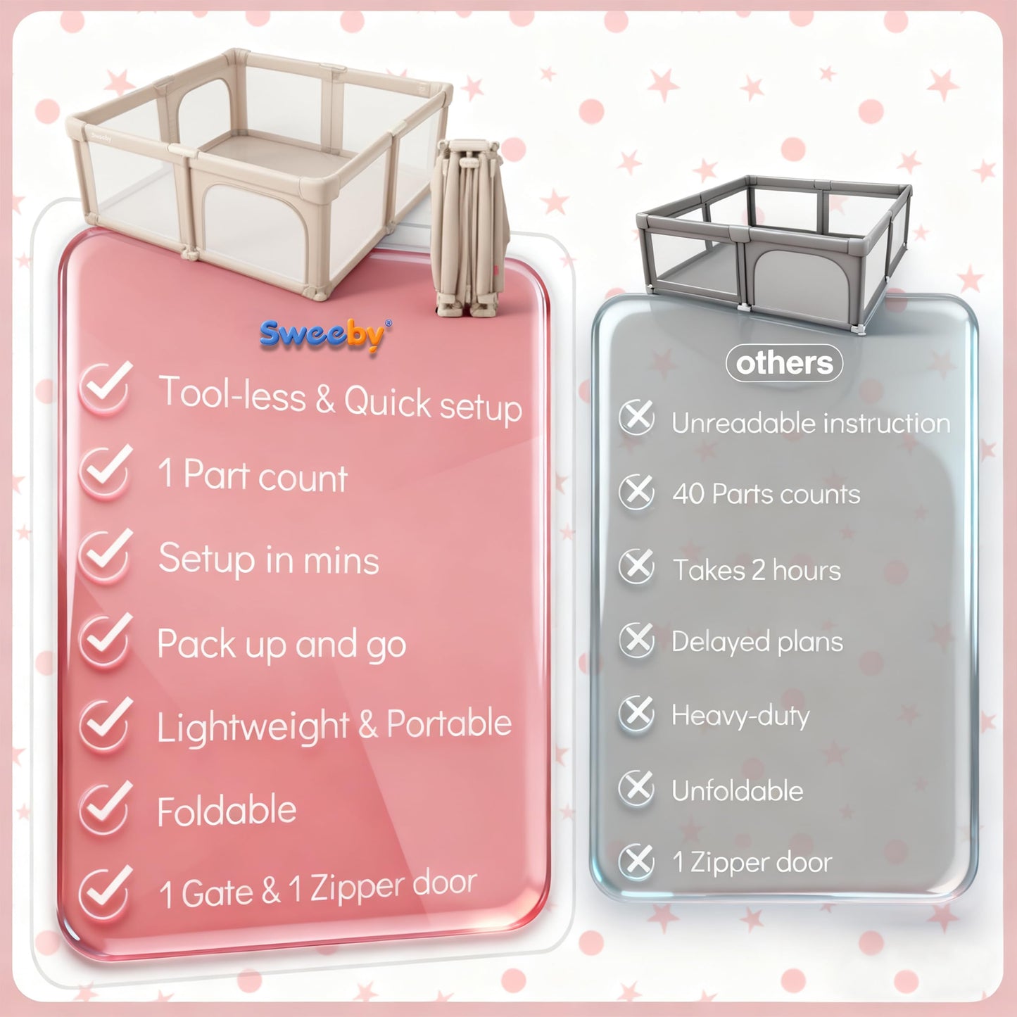 Sweeby Baby Playpen, 59x59 Inch Gate Foldable for Babies and Toddlers, Extra Large with Door Play Yard for Fence Indoor and Outdoor, Light Khaki
