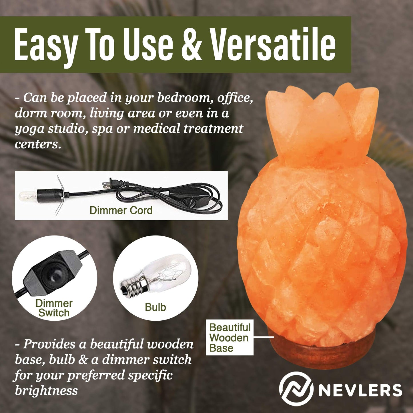 Nevlers Pineapple Shape Pink Himalayan Salt Lamp w/Wood Base| 7-8 lbs & 7"- 8" Tall Himalayan Pink Salt Lamp w/Dimmer Cord & Light Bulb| 100% Salt Rock Lamp | Ambient Salt Crystal Lamp for Home Decor