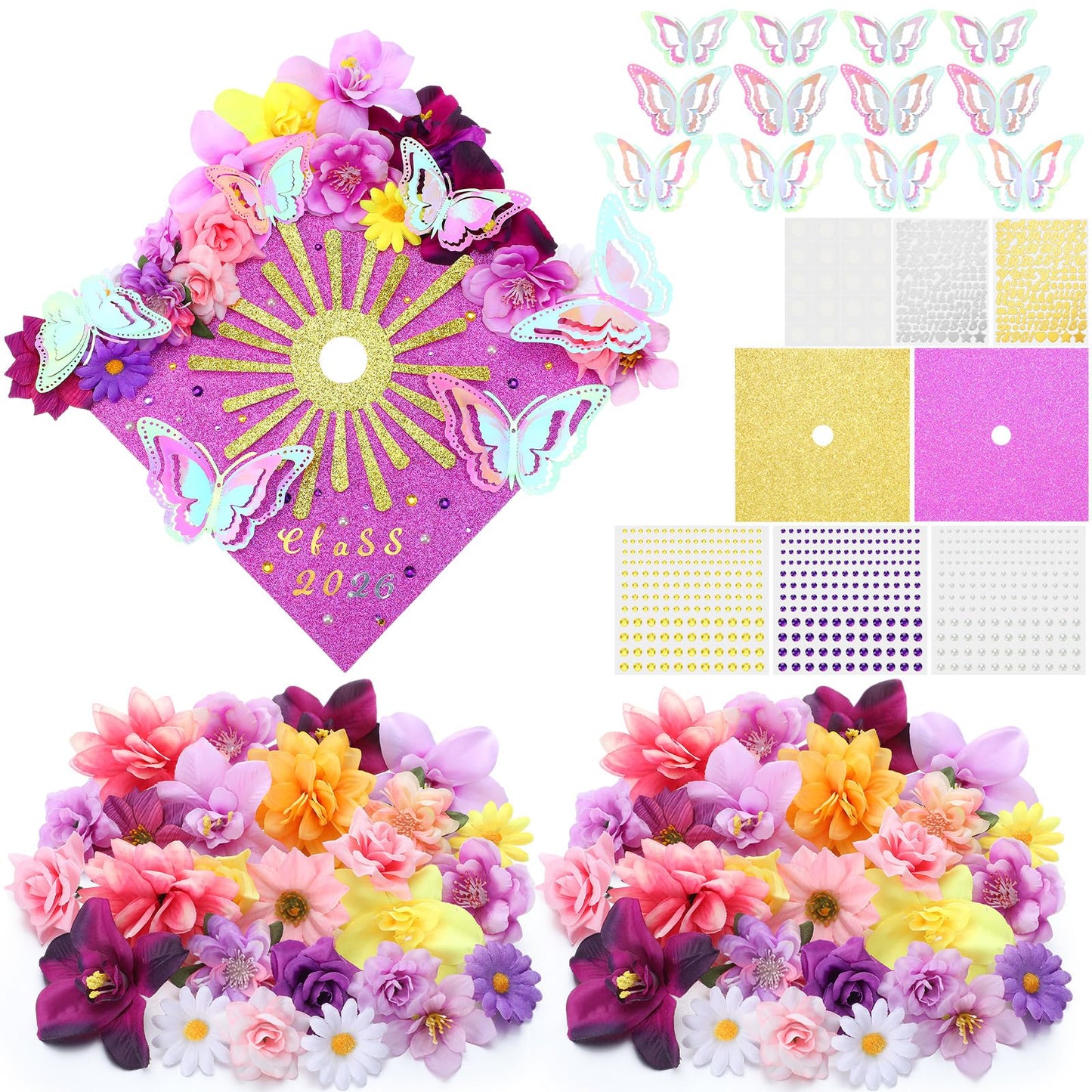 Wavwavw 47 Pcs DIY Purple Graduation Cap Decorations Accessory Kit 3D Artificial Flowers Butterfly Decals Rhinestone Pearl Stickers Letter Stickers Glitter Paper for Grad Hats Decor