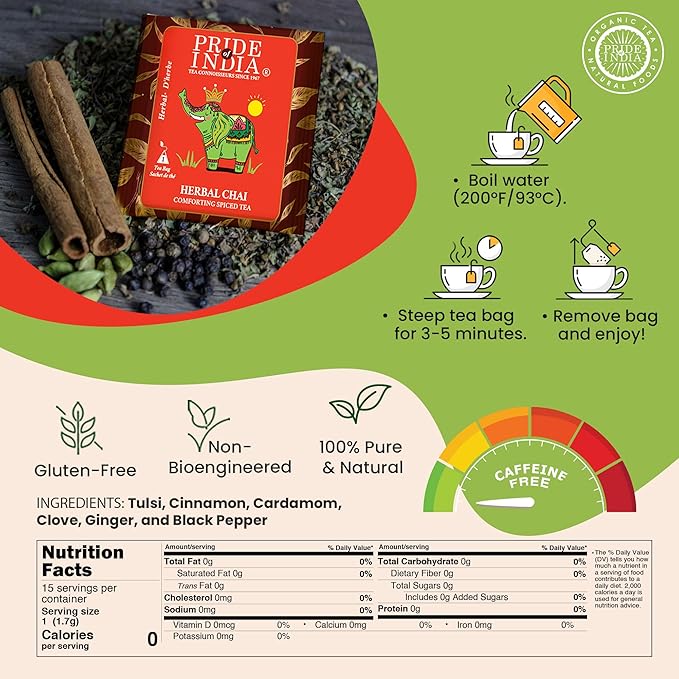 Pride Of India - Natural Herbal Chai (Comforting Spiced Tea), PACK of 1-15 Tea Bags