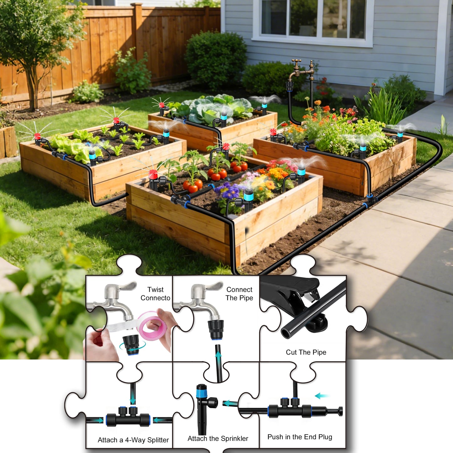 Drip Irrigation Kit for Garden, Automatic Plant Watering System with Quick Connect Fittings, Water Saving Irrigation Tubing Hose and Accessories for Yard, Greenhouse, Lawn & Raised Bed (191FT)